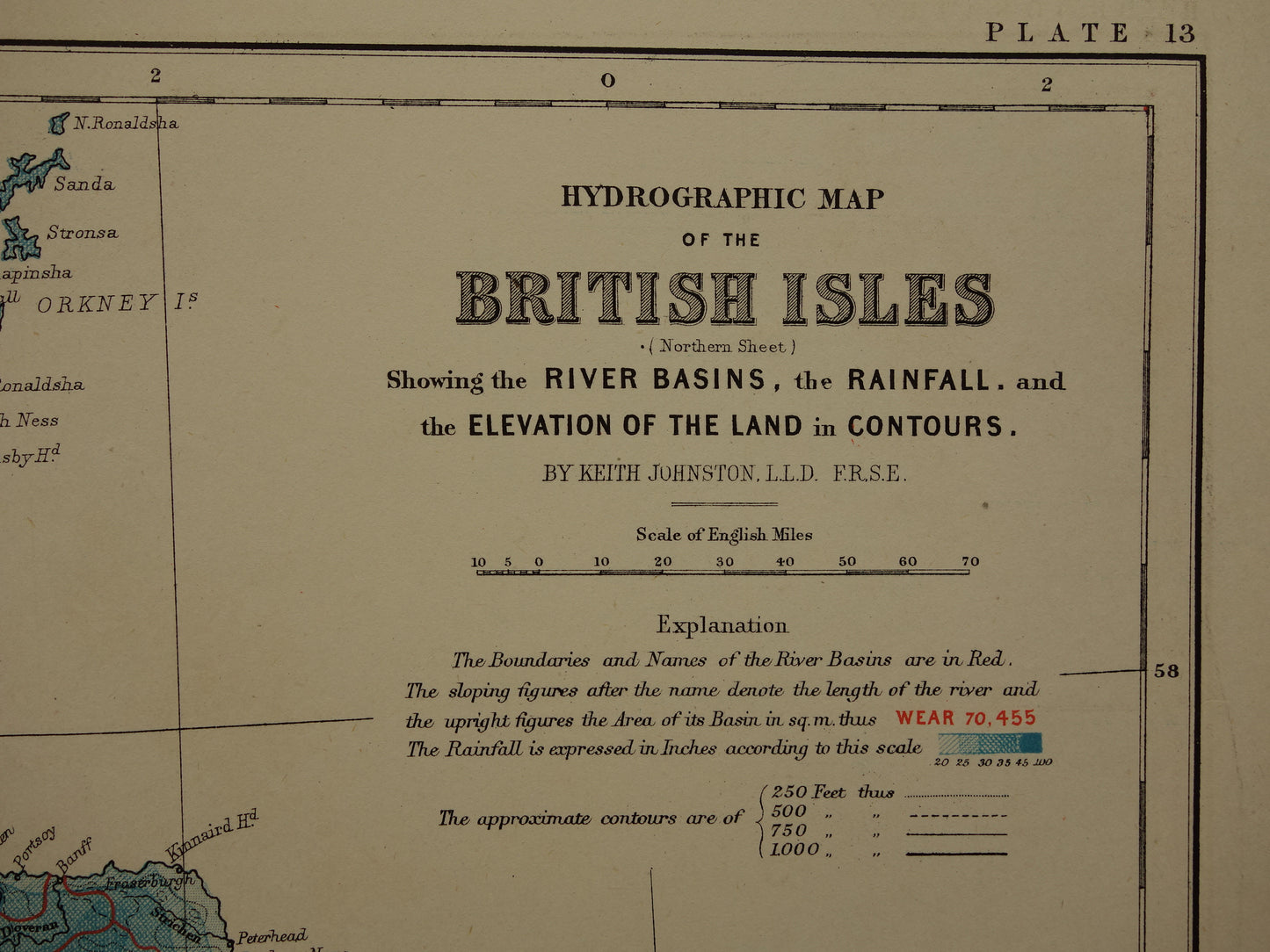 Oude hydrografische kaart van Schotland en noordelijk deel van de Britse Eilanden Geologische kaarten A.K. Johnston UK Ierland 1879 originele antieke landkaarten