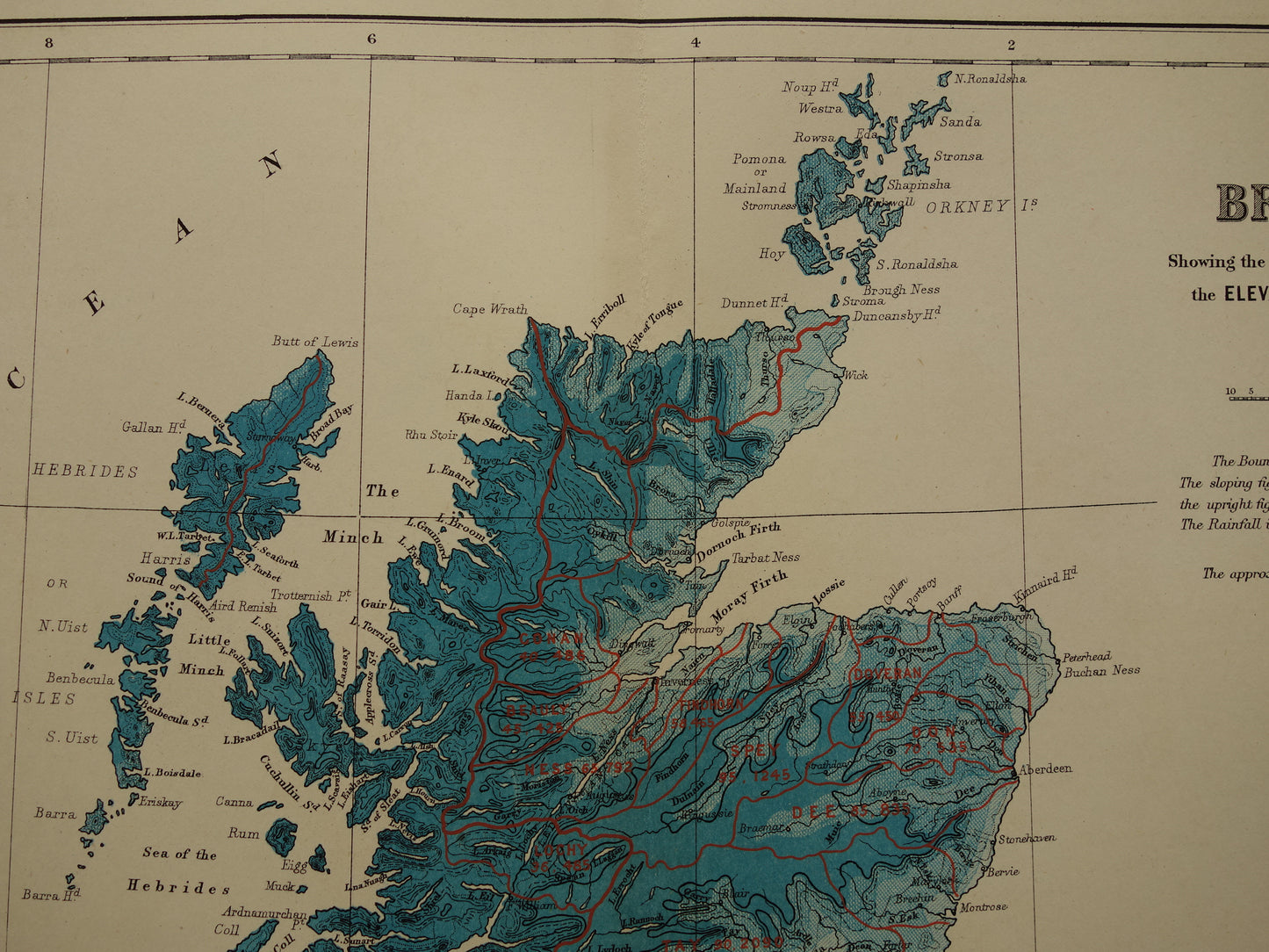 Oude hydrografische kaart van Schotland en noordelijk deel van de Britse Eilanden Geologische kaarten A.K. Johnston UK Ierland 1879 originele antieke landkaarten