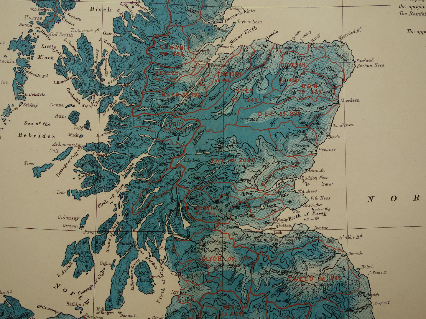 Oude hydrografische kaart van Schotland en noordelijk deel van de Britse Eilanden Geologische kaarten A.K. Johnston UK Ierland 1879 originele antieke landkaarten