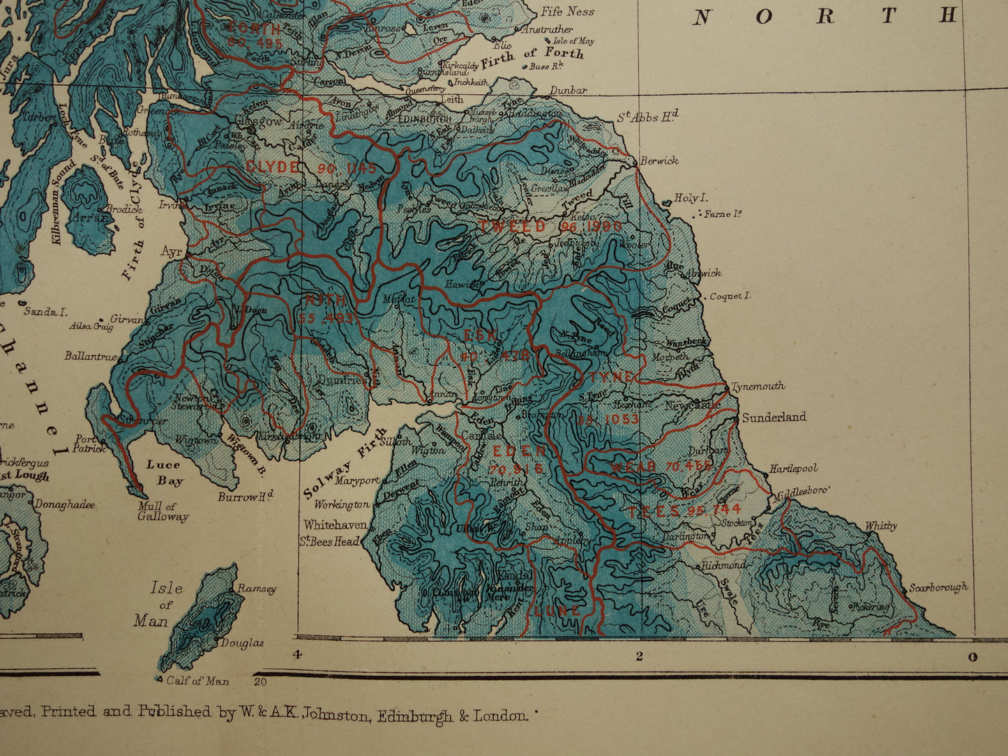 Oude hydrografische kaart van Schotland en noordelijk deel van de Britse Eilanden Geologische kaarten A.K. Johnston UK Ierland 1879 originele antieke landkaarten
