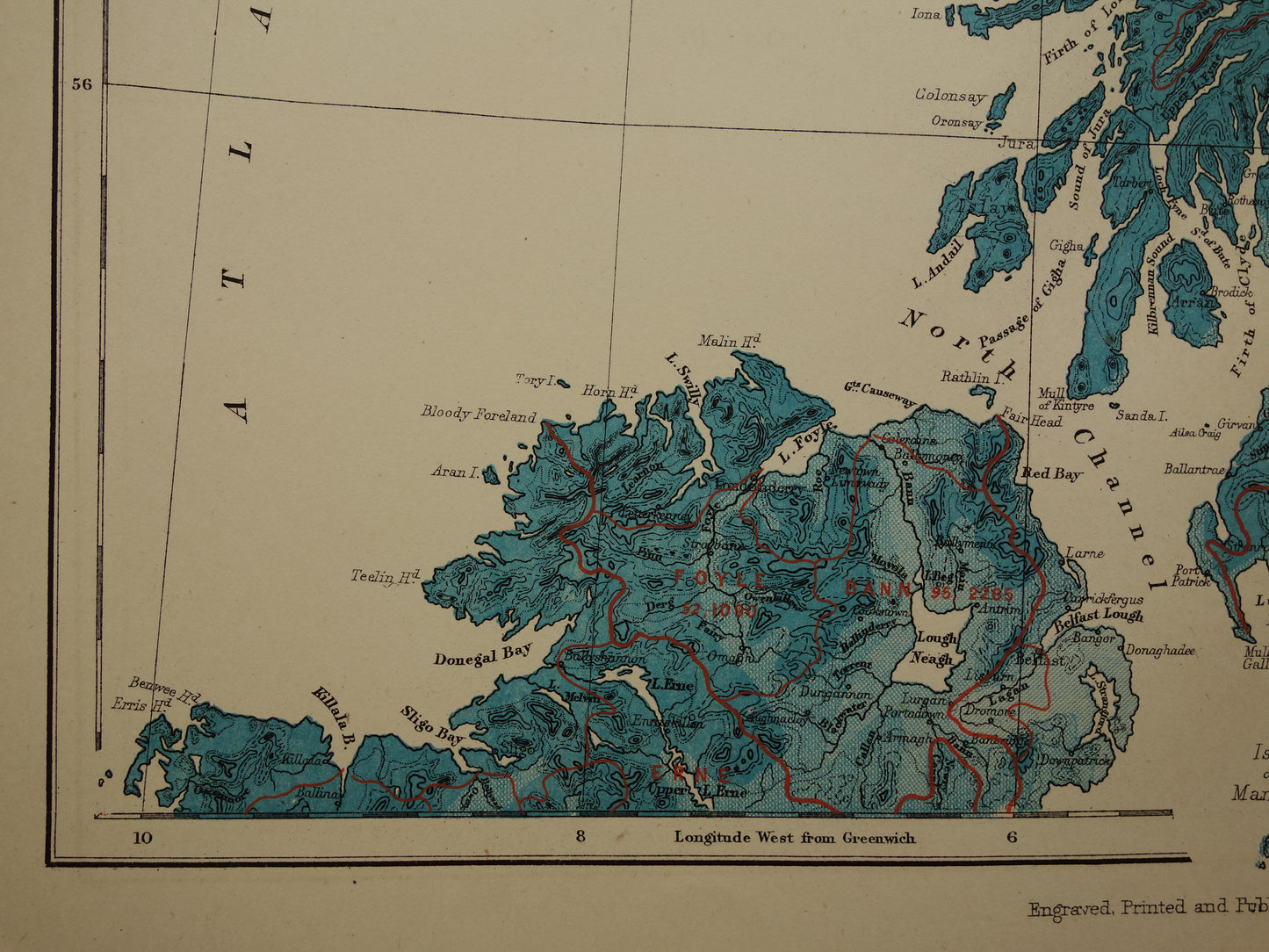 Oude hydrografische kaart van Schotland en noordelijk deel van de Britse Eilanden Geologische kaarten A.K. Johnston UK Ierland 1879 originele antieke landkaarten