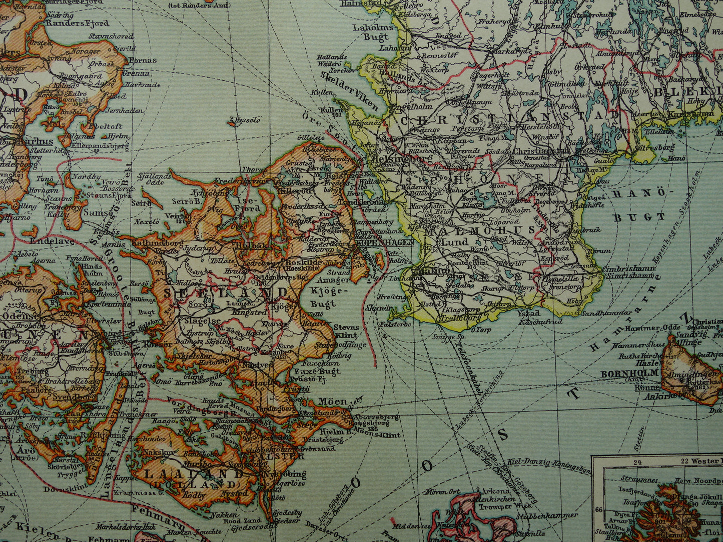 Vintage kaart van Denemarken 1907 originele antieke historische landkaart Denemarken en zuid Zweden