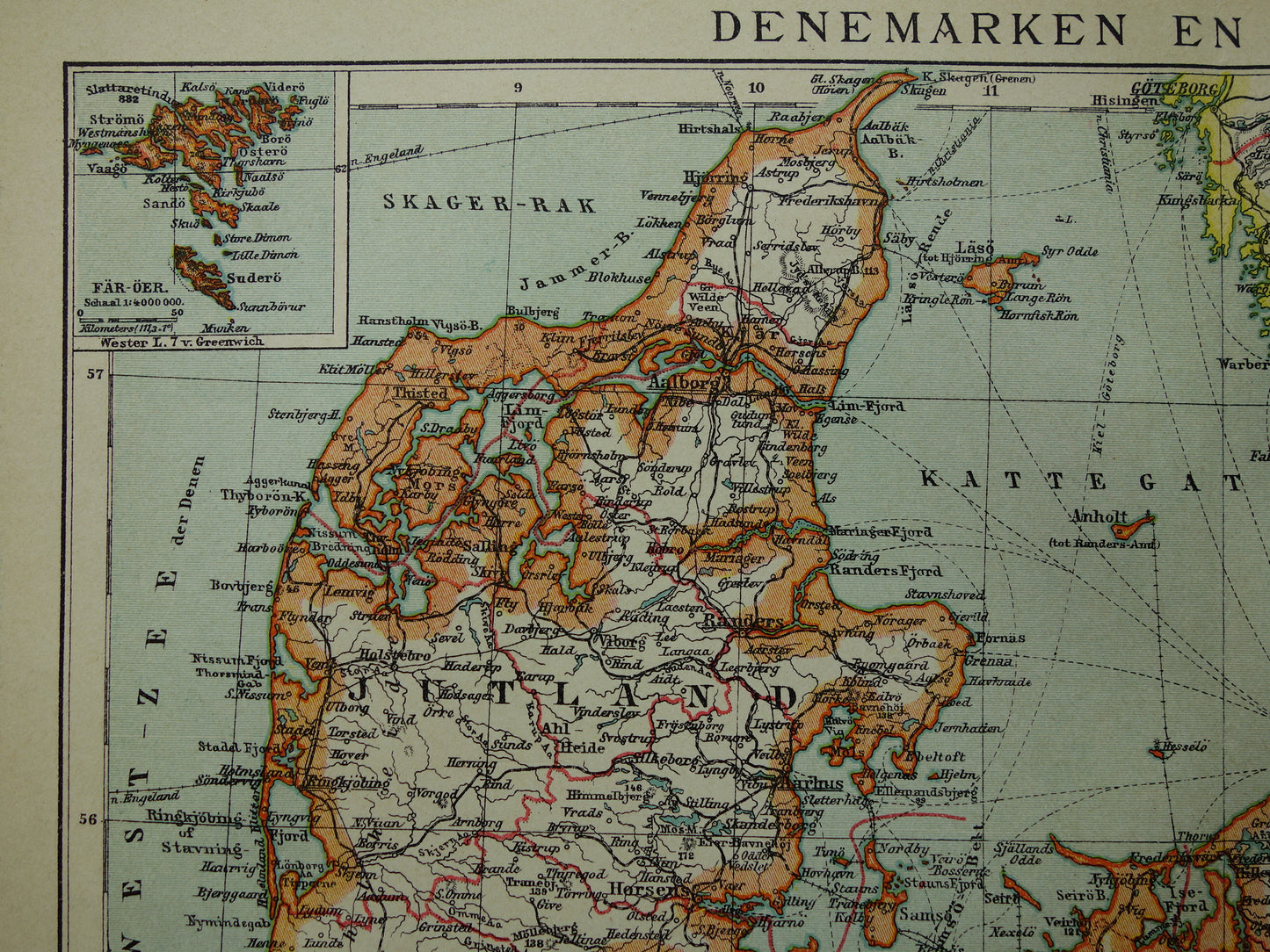 Vintage kaart van Denemarken 1907 originele antieke historische landkaart Denemarken en zuid Zweden