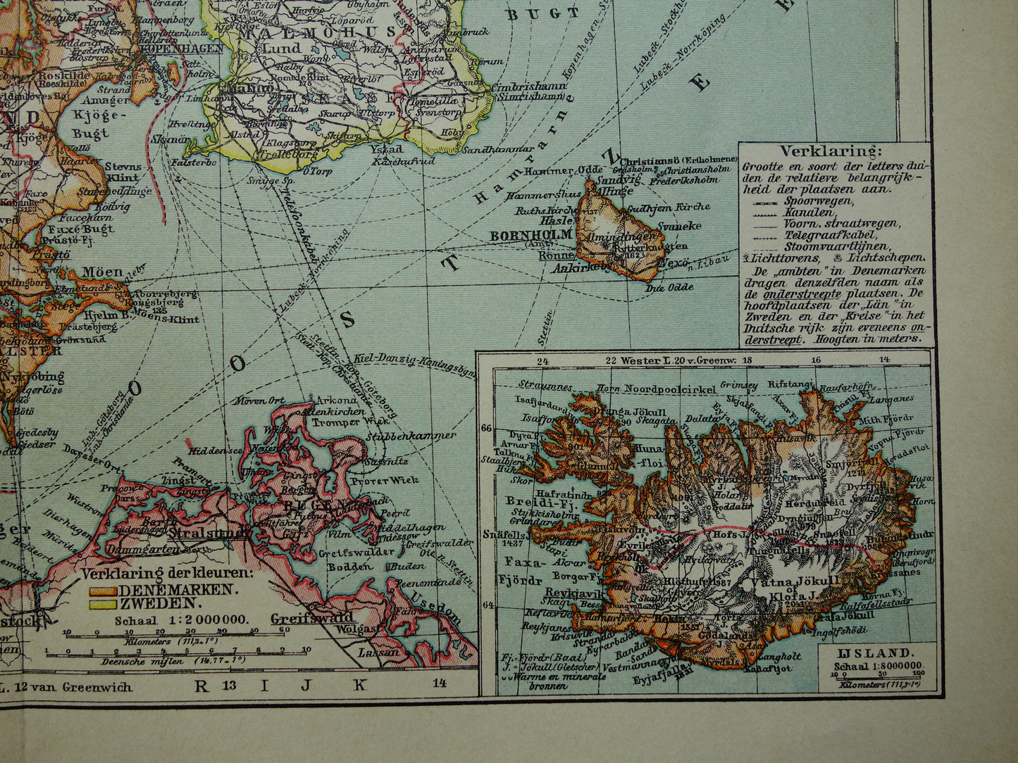 Vintage kaart van Denemarken 1907 originele antieke historische landkaart Denemarken en zuid Zweden