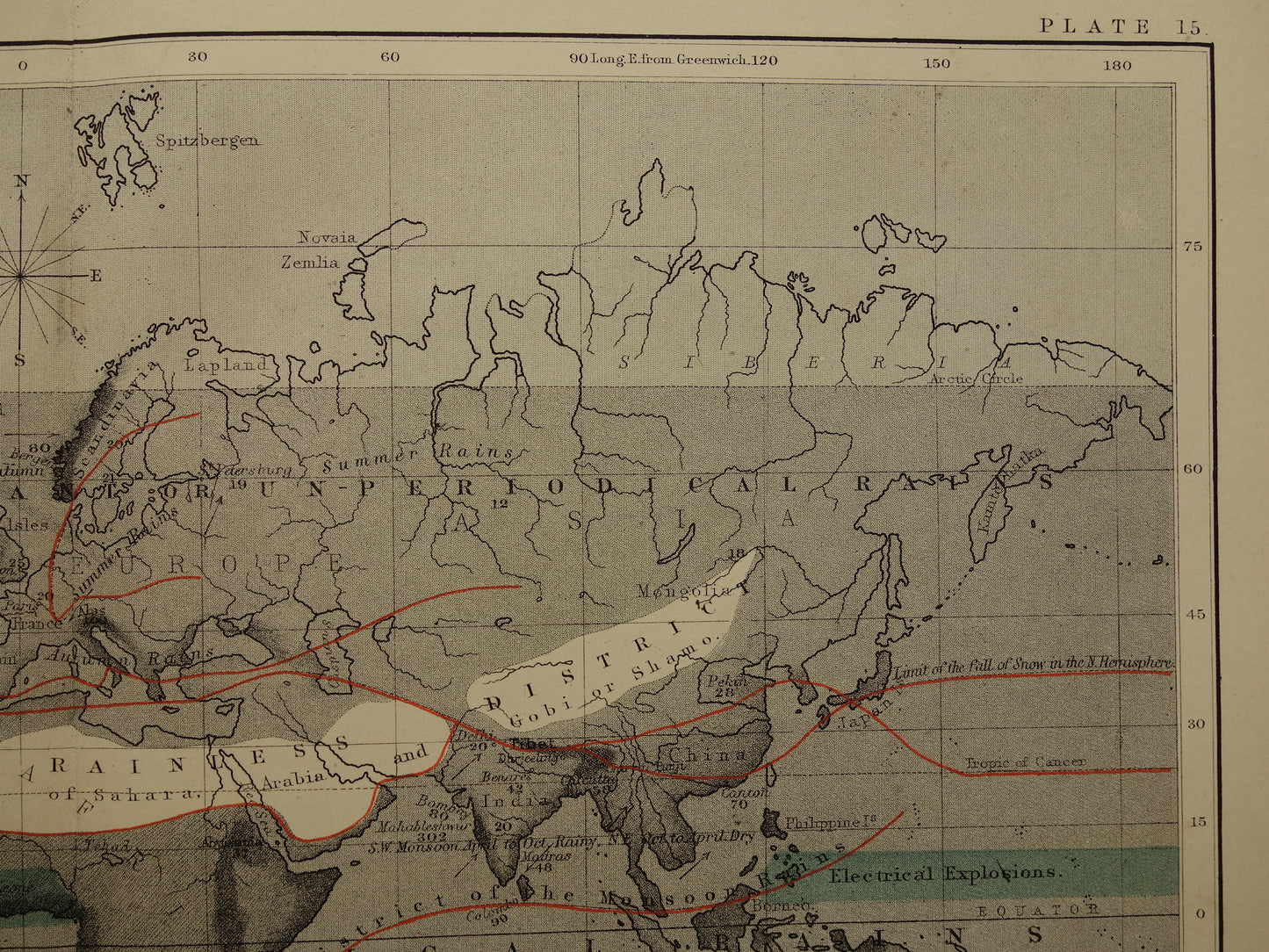 WERELDKAART oude kaart van regen en sneeuw Originele antieke Engelse kaart over neerslag klimaat regenval landkaarten