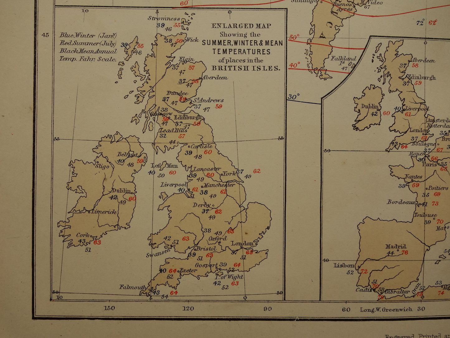 WERELDKAART oude kaart over klimaat Originele antieke Engelse kaart gemiddelde temperatuur aarde landkaarten
