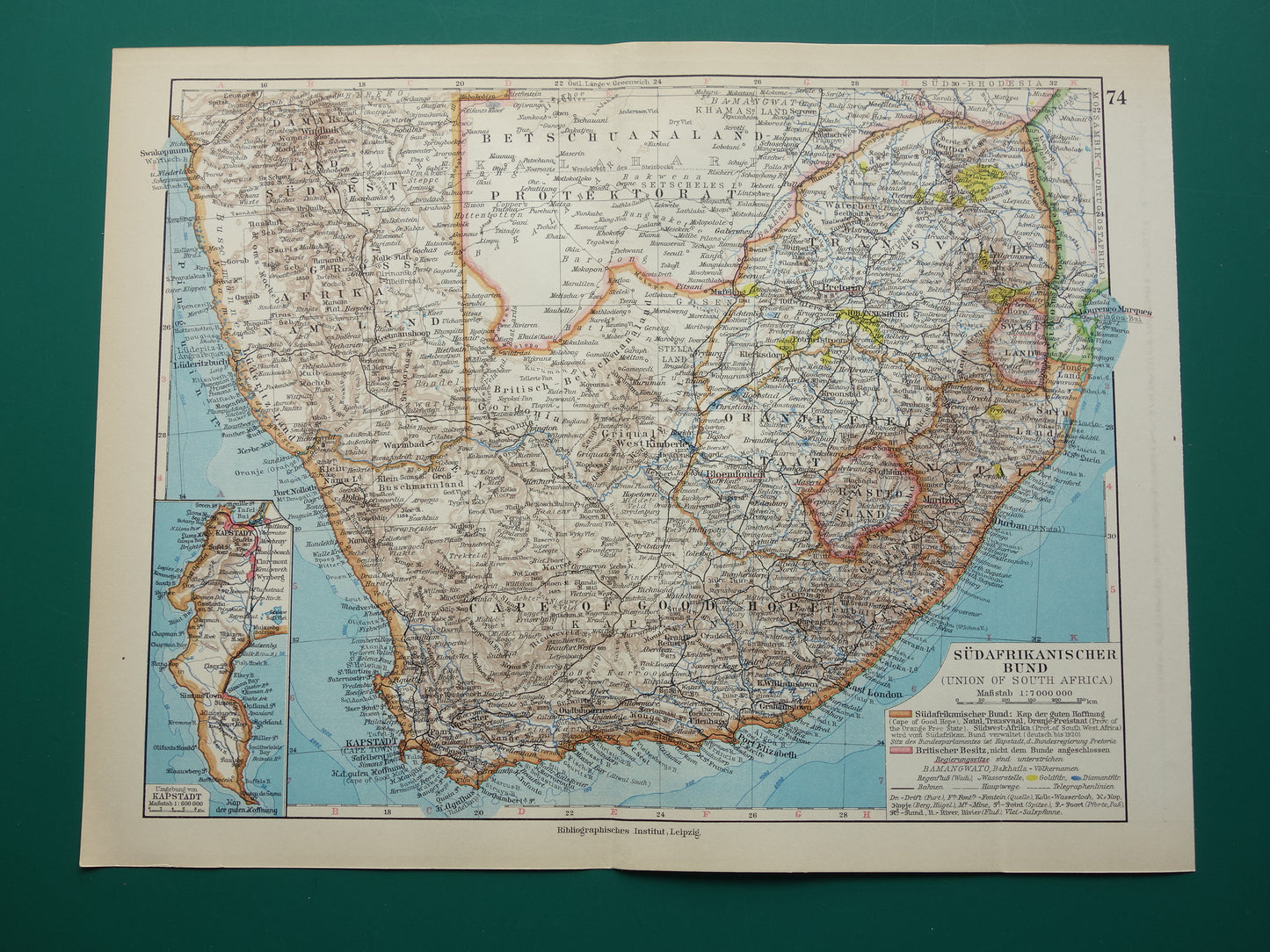 Oude kaart van Zuid-Afrika in 1928 originele Duitse vintage historische landkaart Zuid Afrikaanse Bond