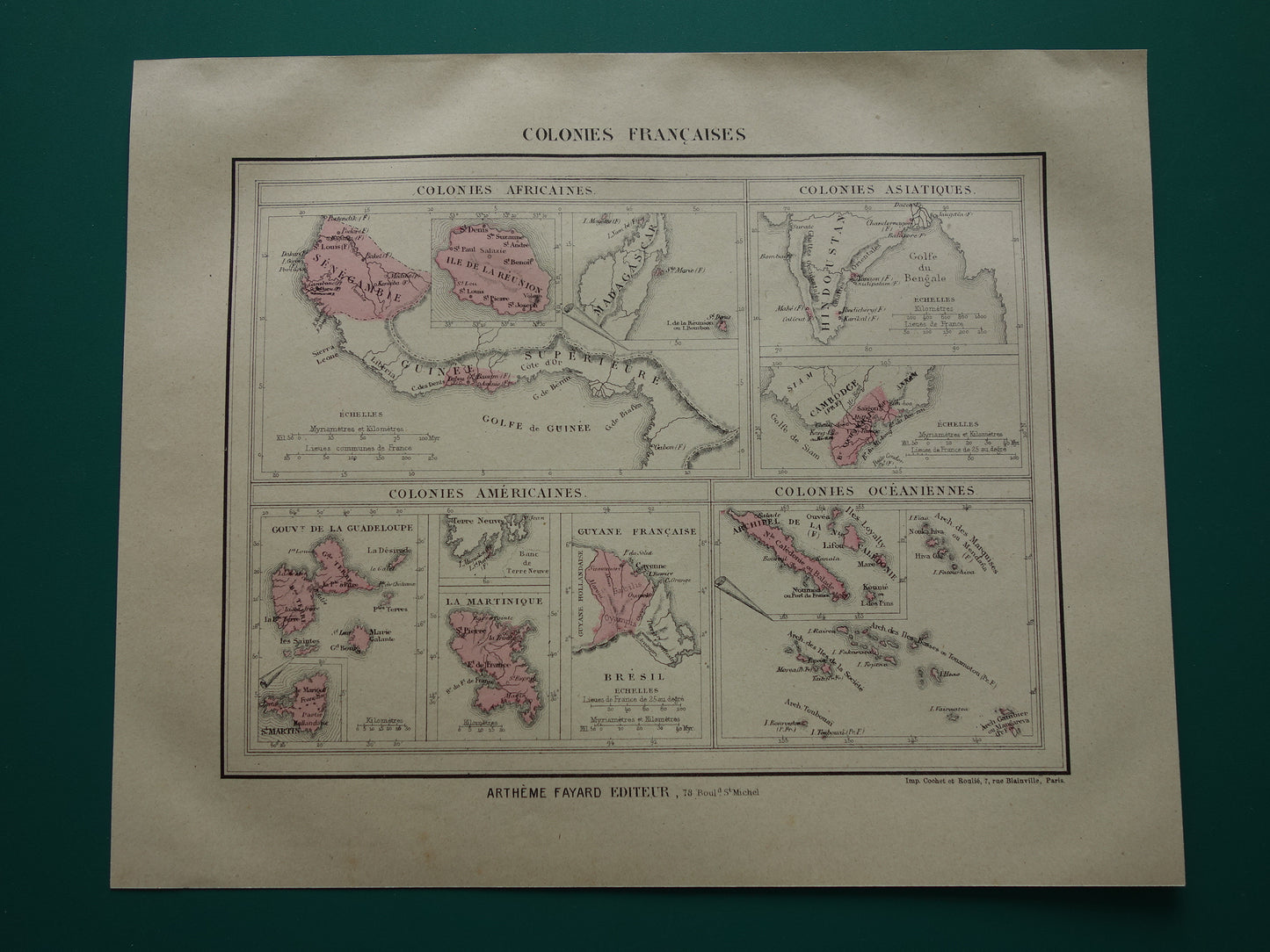 Oude kaart van Franse Koloniën uit 1877