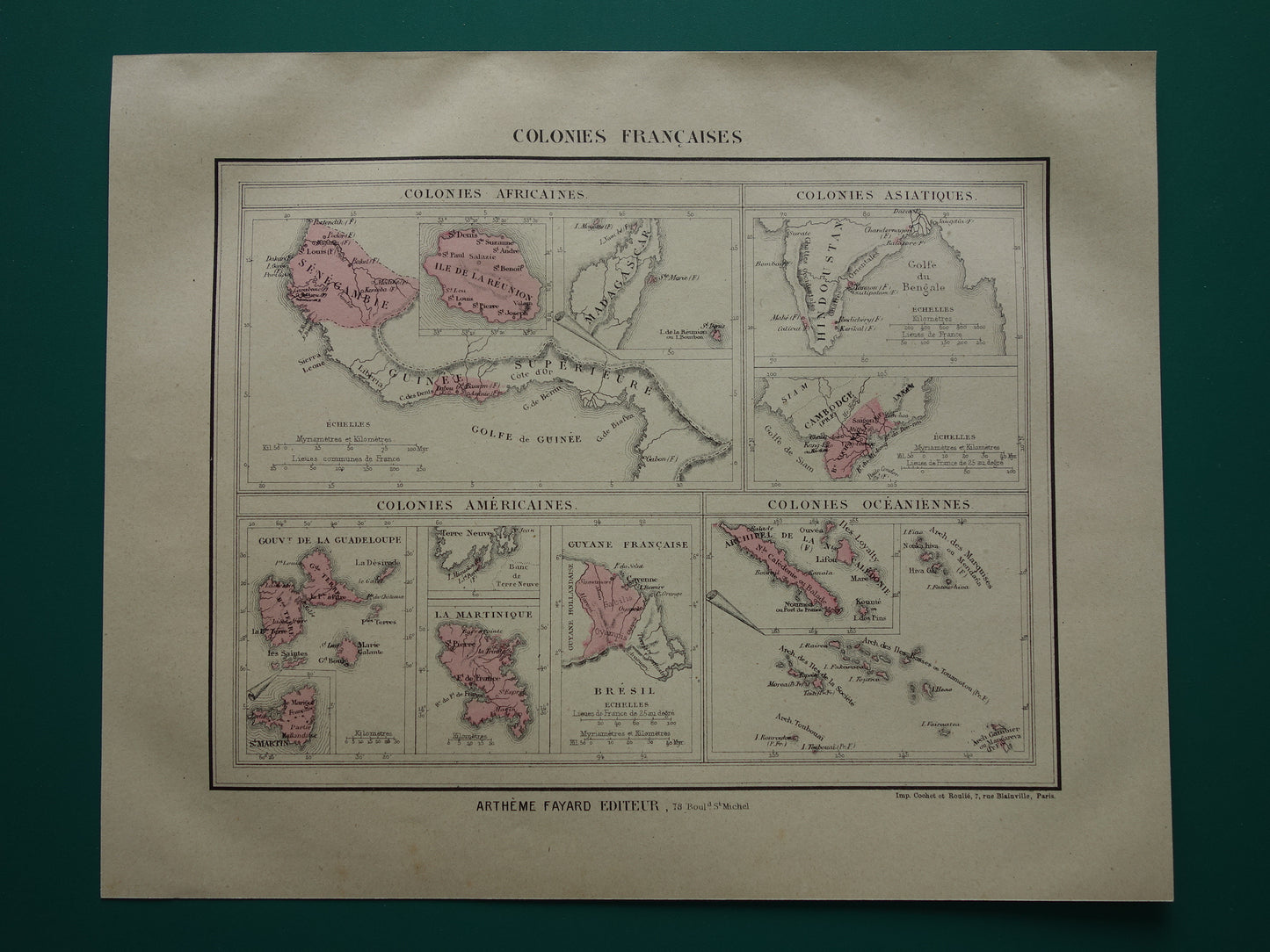 Oude kaart van Franse Koloniën uit 1877 originele 145+ jaar oude handgekleurde landkaart Kolonie Frankrijk