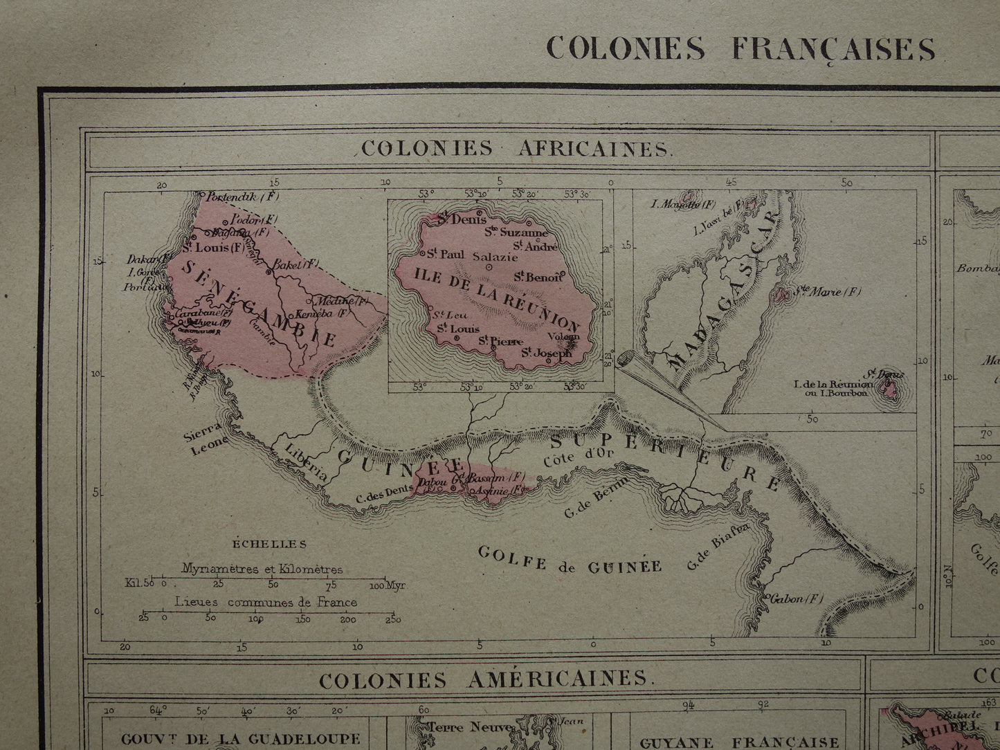 Oude kaart van Franse Koloniën uit 1877 originele 145+ jaar oude handgekleurde landkaart Kolonie Frankrijk