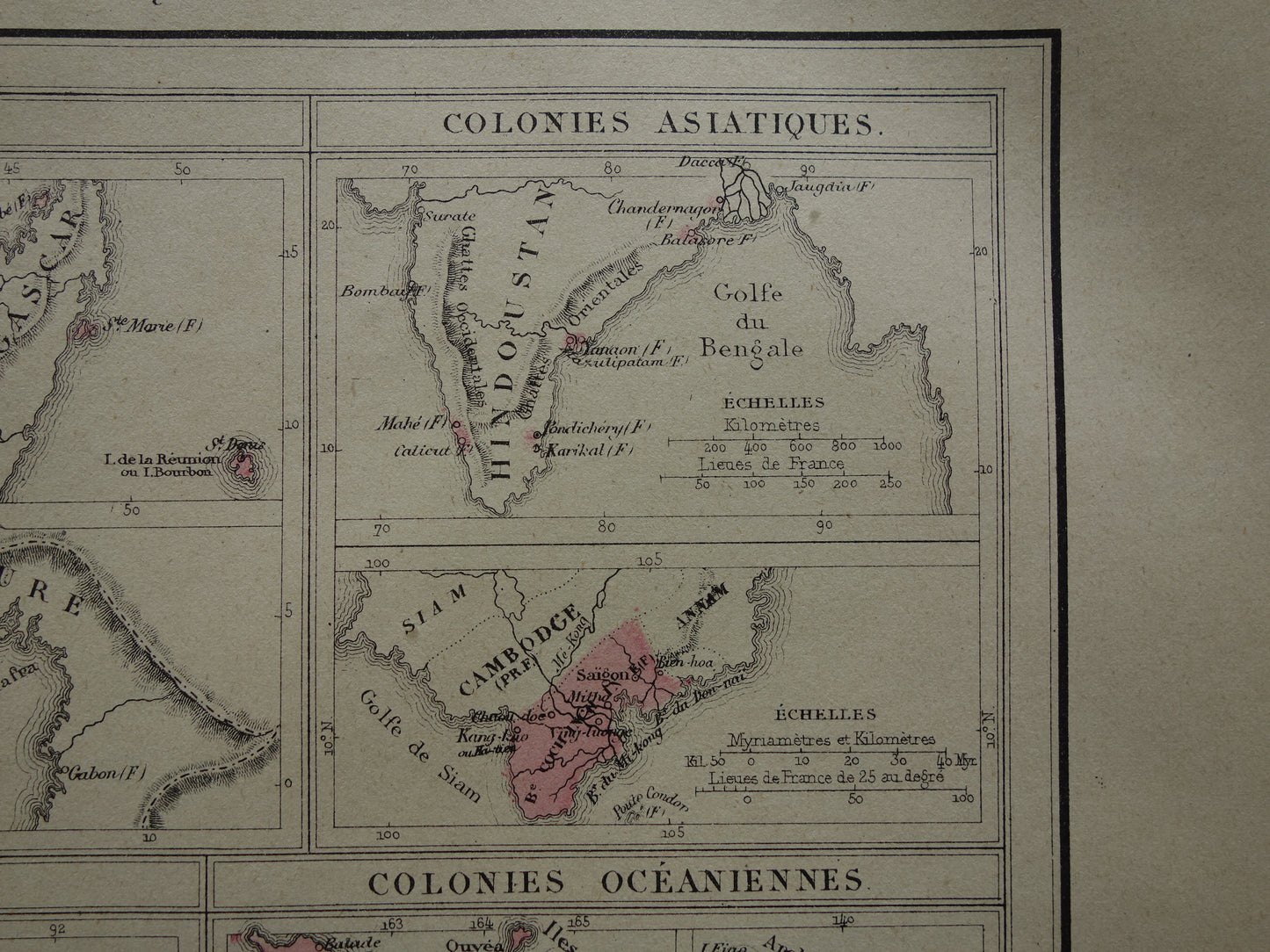 Oude kaart van Franse Koloniën uit 1877 originele 145+ jaar oude handgekleurde landkaart Kolonie Frankrijk
