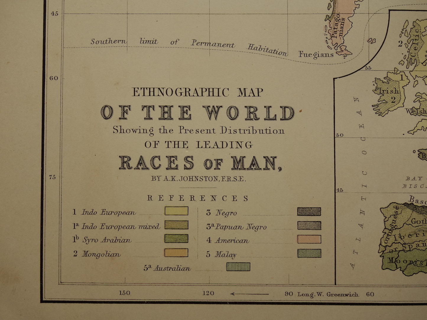 Vintage WERELDKAART oude etnografische kaart van de Wereld uit 1879 Antieke print Antropologie Volkenkunde Ethnologie Menselijke Rassen