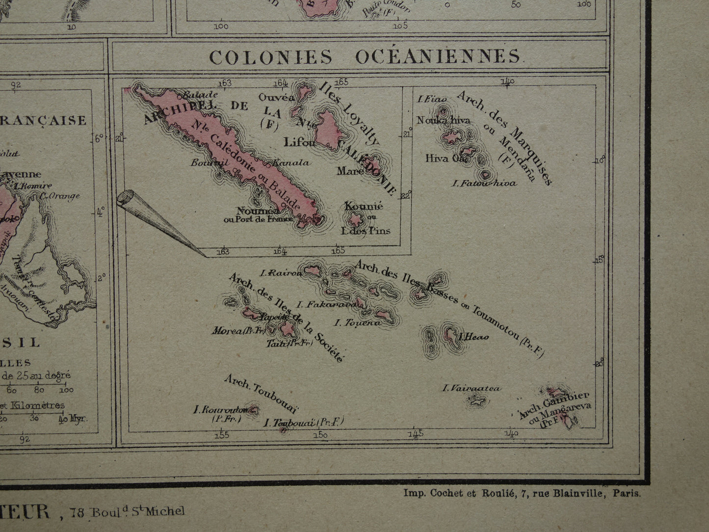 Oude kaart van Franse Koloniën uit 1877 originele 145+ jaar oude handgekleurde landkaart Kolonie Frankrijk