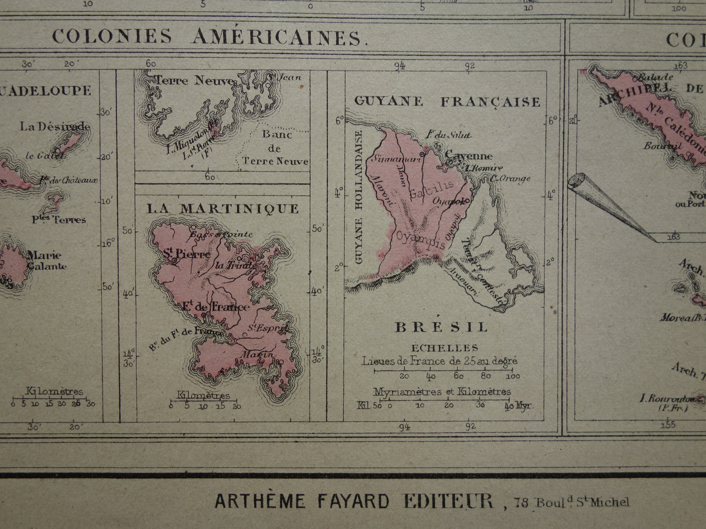 Oude kaart van Franse Koloniën uit 1877 originele 145+ jaar oude handgekleurde landkaart Kolonie Frankrijk