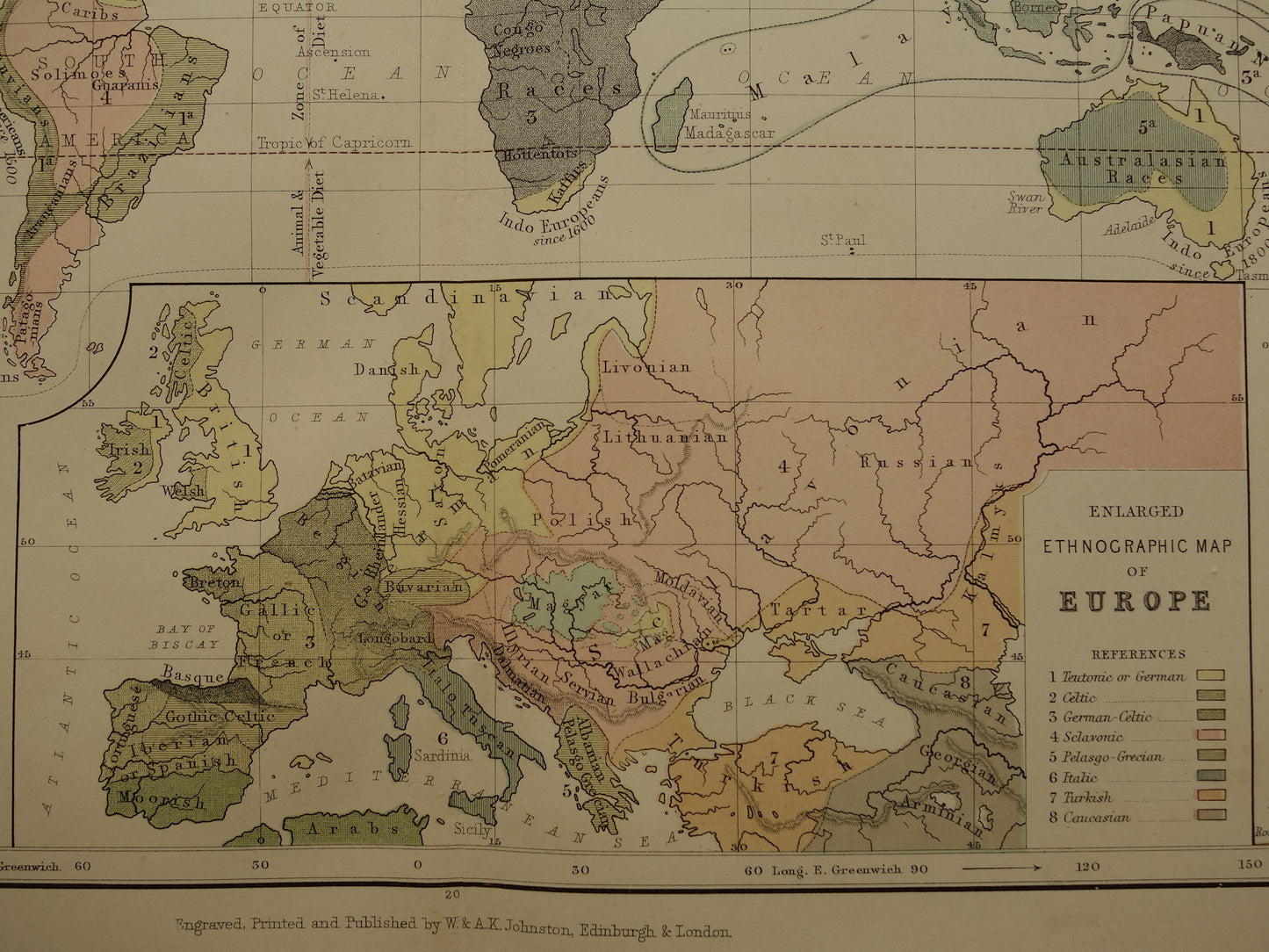 Vintage WERELDKAART oude etnografische kaart van de Wereld uit 1879 Antieke print Antropologie Volkenkunde Ethnologie Menselijke Rassen