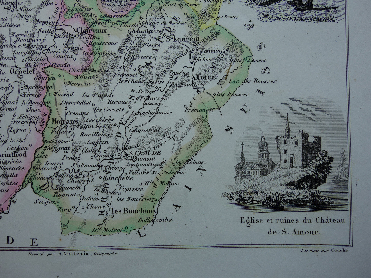Oude kaart van Jura departement in Frankrijk uit 1856 originele antieke handgekleurde landkaart Dole Lons-le-Saunier Saint-Claude