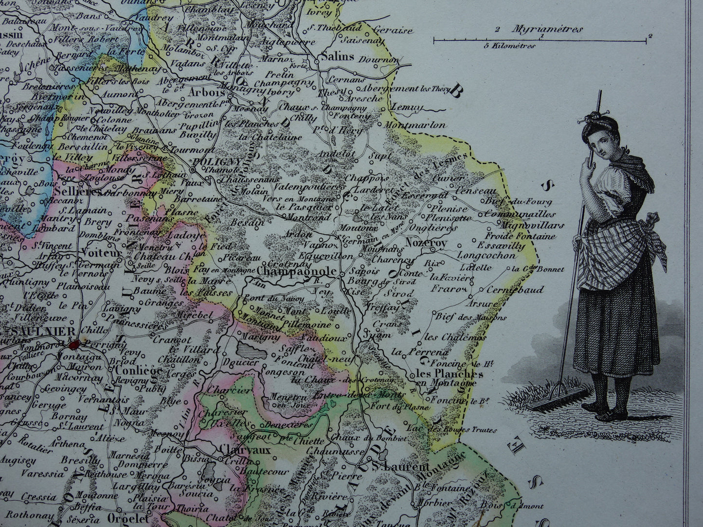 Oude kaart van Jura departement in Frankrijk uit 1856 originele antieke handgekleurde landkaart Dole Lons-le-Saunier Saint-Claude
