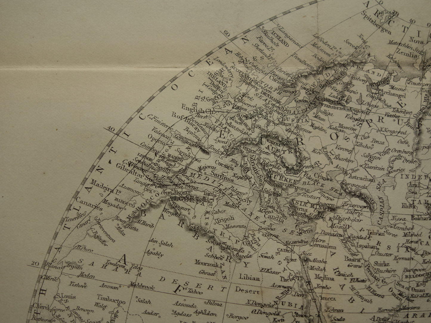 WERELDKAART oude kaart van de Wereld uit 1860 Originele antieke Engelse landkaart z/w