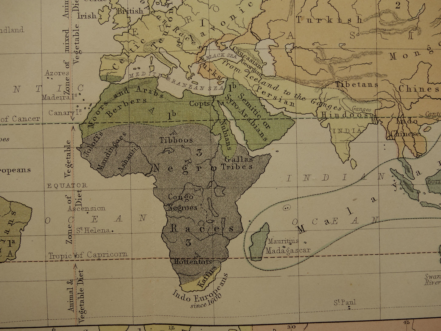 Vintage WERELDKAART oude etnografische kaart van de Wereld uit 1879 Antieke print Antropologie Volkenkunde Ethnologie Menselijke Rassen