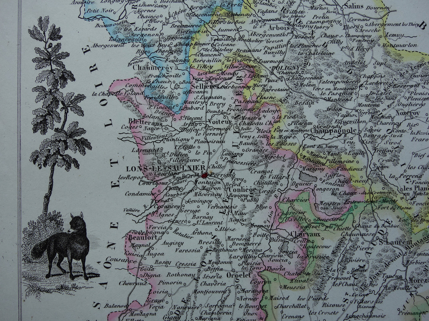 Oude kaart van Jura departement in Frankrijk uit 1856 originele antieke handgekleurde landkaart Dole Lons-le-Saunier Saint-Claude