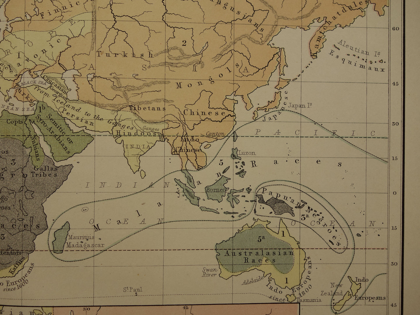 Vintage WERELDKAART oude etnografische kaart van de Wereld uit 1879 Antieke print Antropologie Volkenkunde Ethnologie Menselijke Rassen