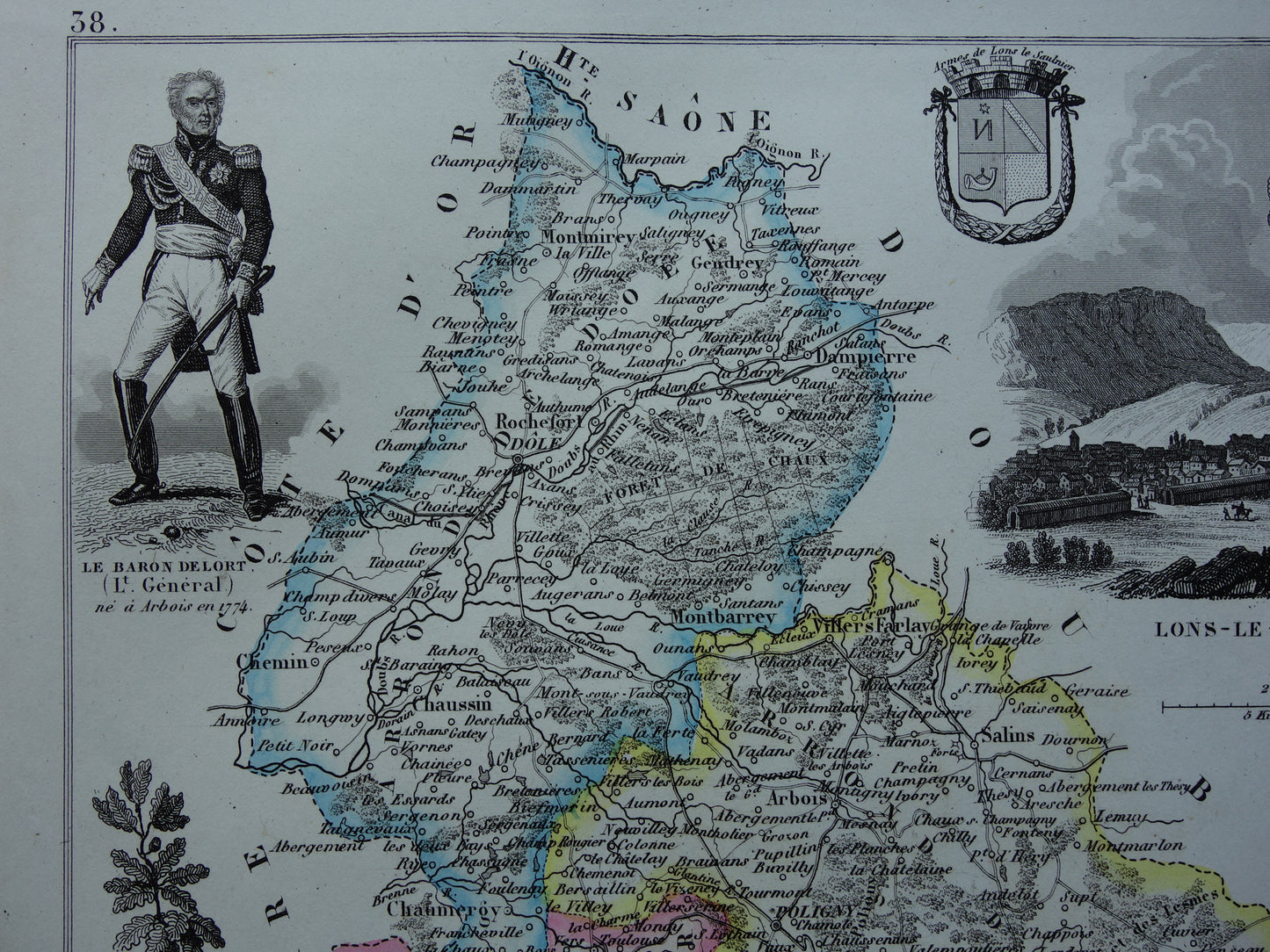 Oude kaart van Jura departement in Frankrijk uit 1856 originele antieke handgekleurde landkaart Dole Lons-le-Saunier Saint-Claude