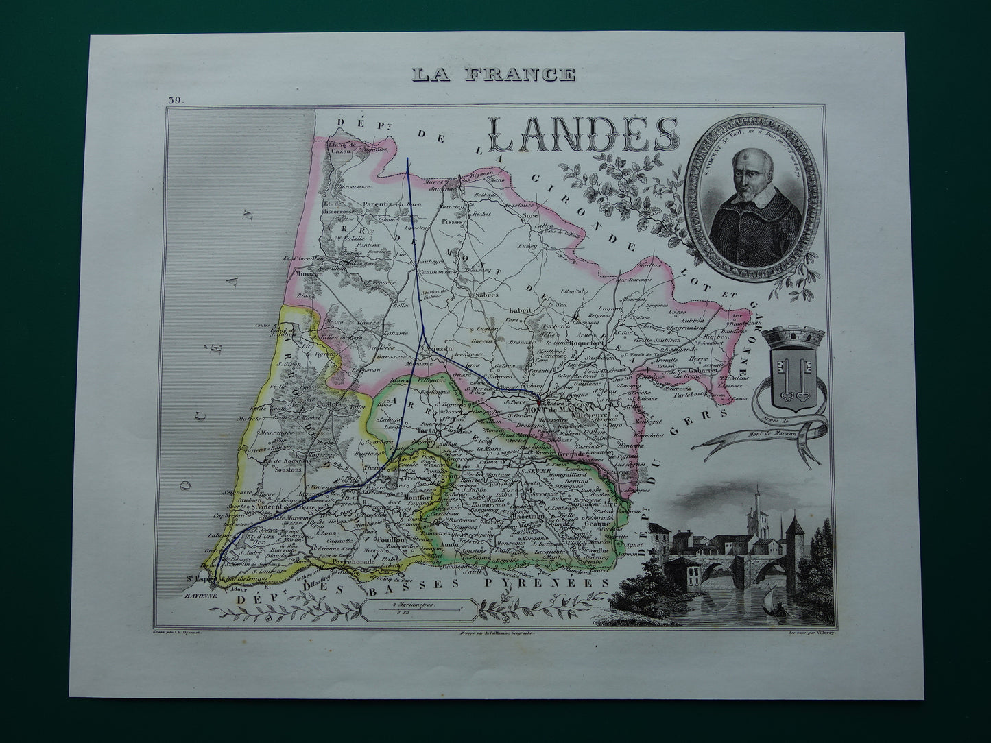 Oude kaart van Landes departement in Frankrijk uit 1856 originele antieke handgekleurde landkaart Mont de Marsan