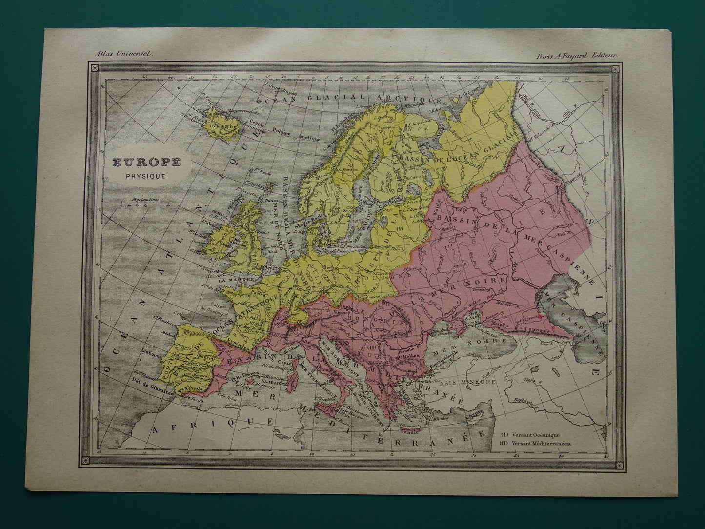 Oude kaart van rivieren in Europa uit 1877 originele antieke handgekleurde landkaart vintage geologie kaarten