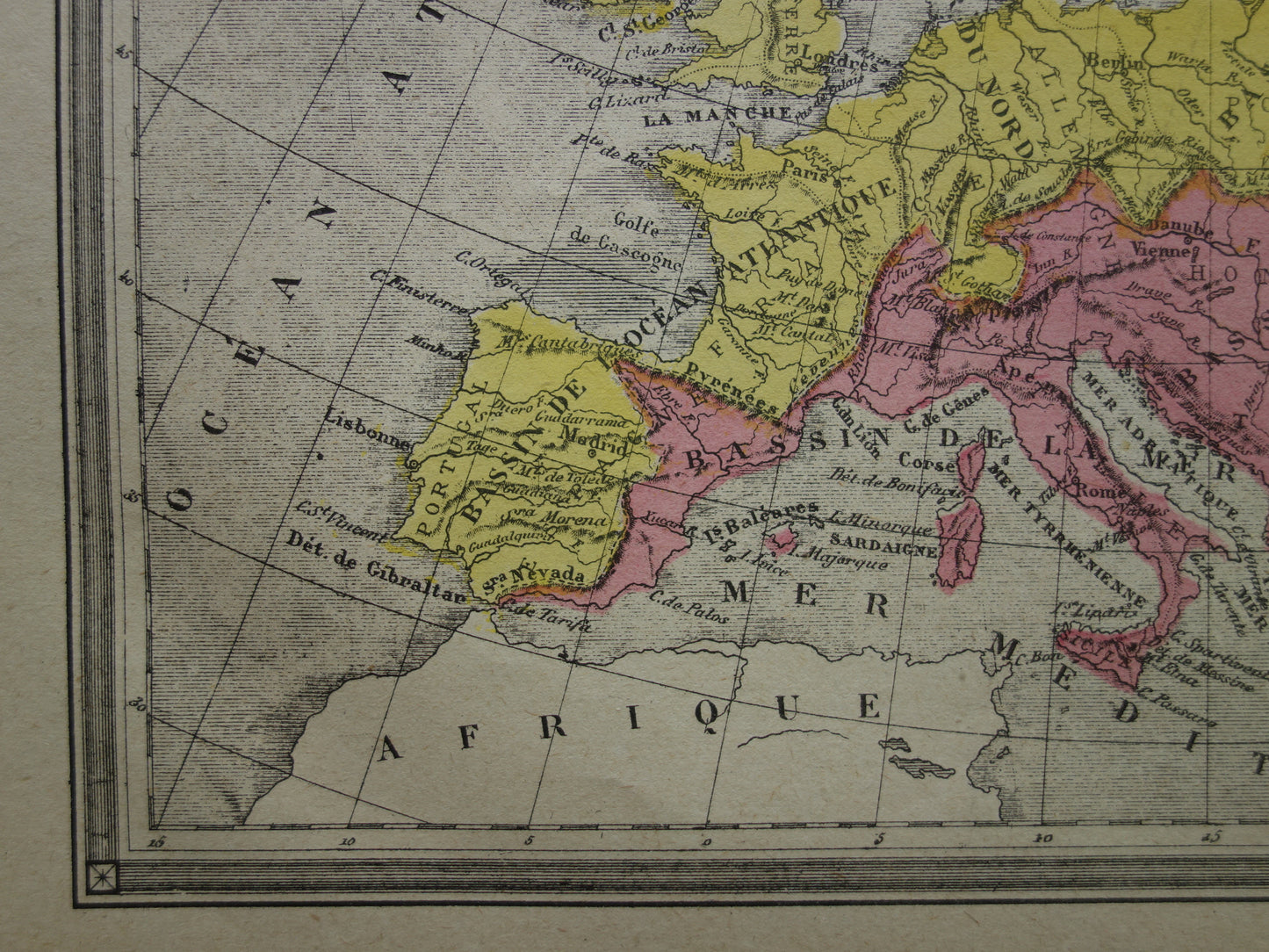 Oude kaart van rivieren in Europa uit 1877 originele antieke handgekleurde landkaart vintage geologie kaarten