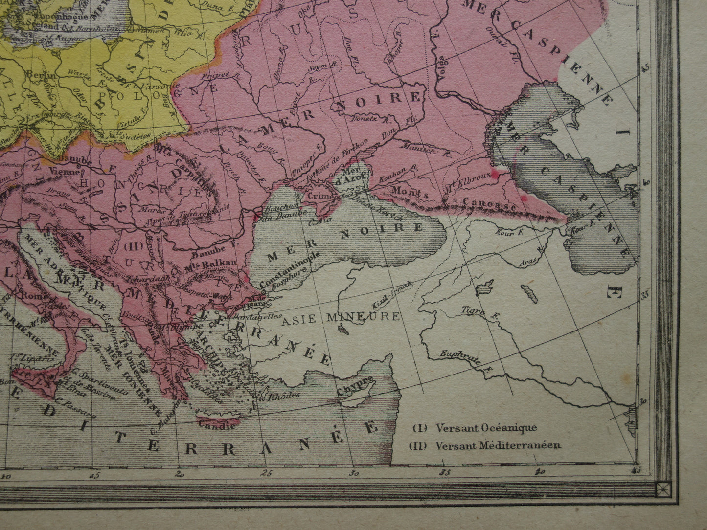 Oude kaart van rivieren in Europa uit 1877 originele antieke handgekleurde landkaart vintage geologie kaarten