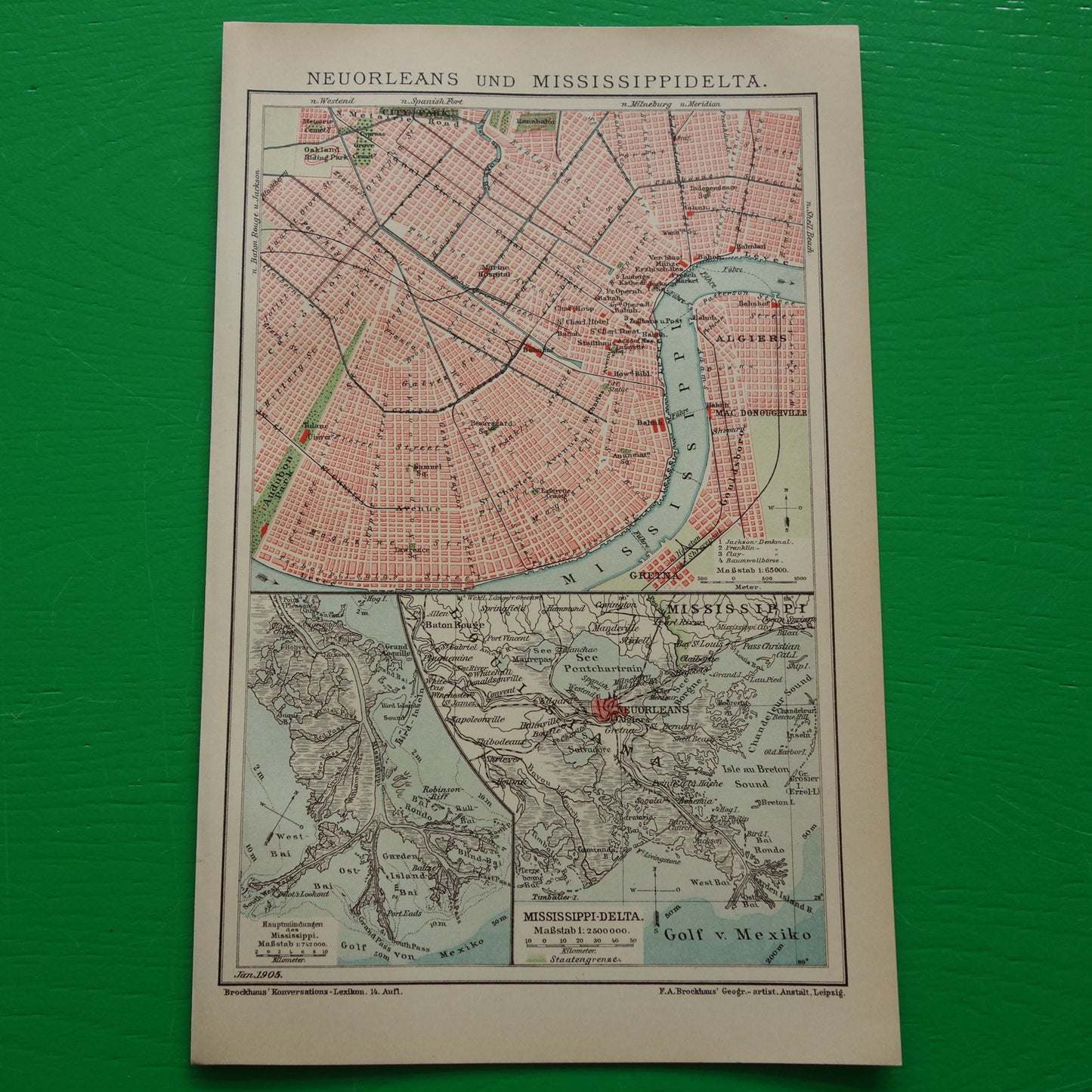 New Orleans oude plattegrond uit 1905 originele antieke Duitse kaart van de New Orleans en Mississippi delta met jaartal