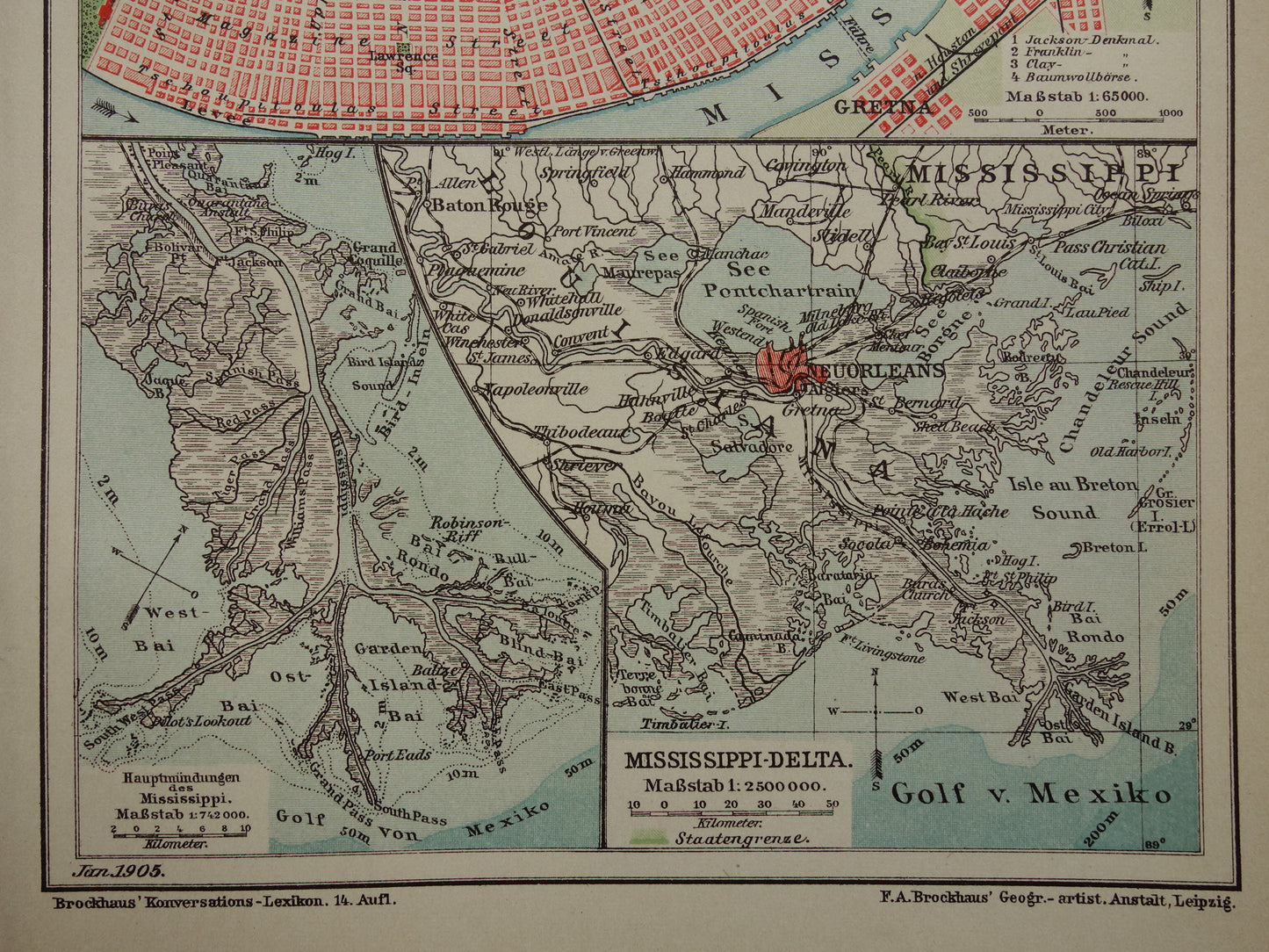 New Orleans oude plattegrond uit 1905 originele antieke Duitse kaart van de New Orleans en Mississippi delta met jaartal