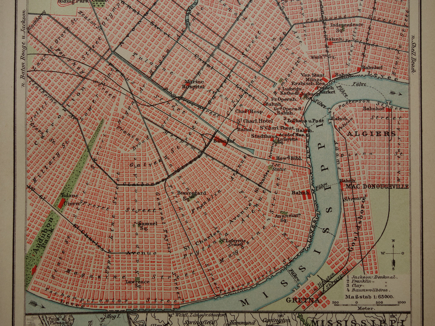 New Orleans oude plattegrond uit 1905 originele antieke Duitse kaart van de New Orleans en Mississippi delta met jaartal