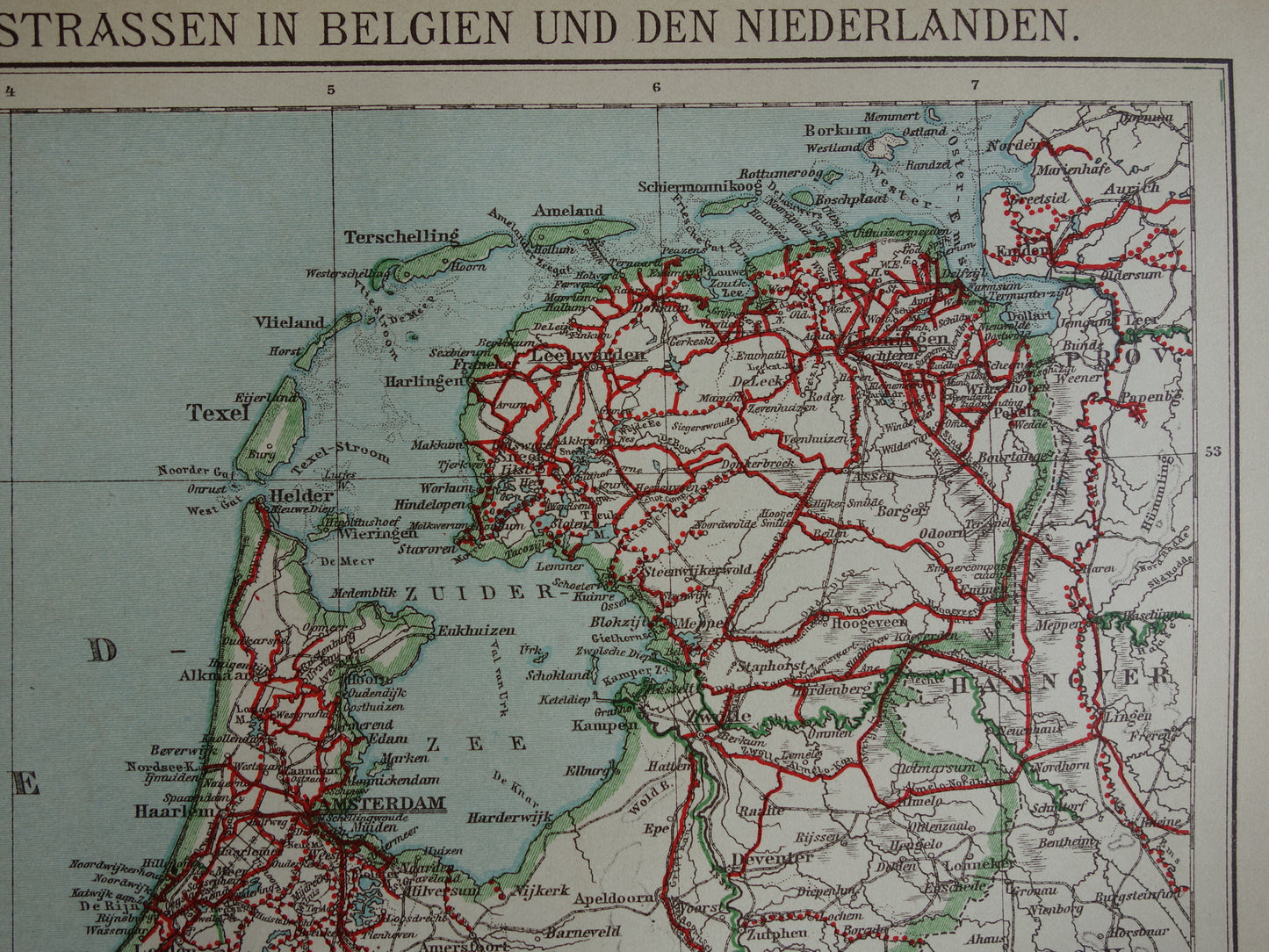 Oude kaart van waterwegen in NEDERLAND en BELGIË uit 1905 originele antieke landkaart Scheepvaart Kanalen Rivieren Maritieme kaarten
