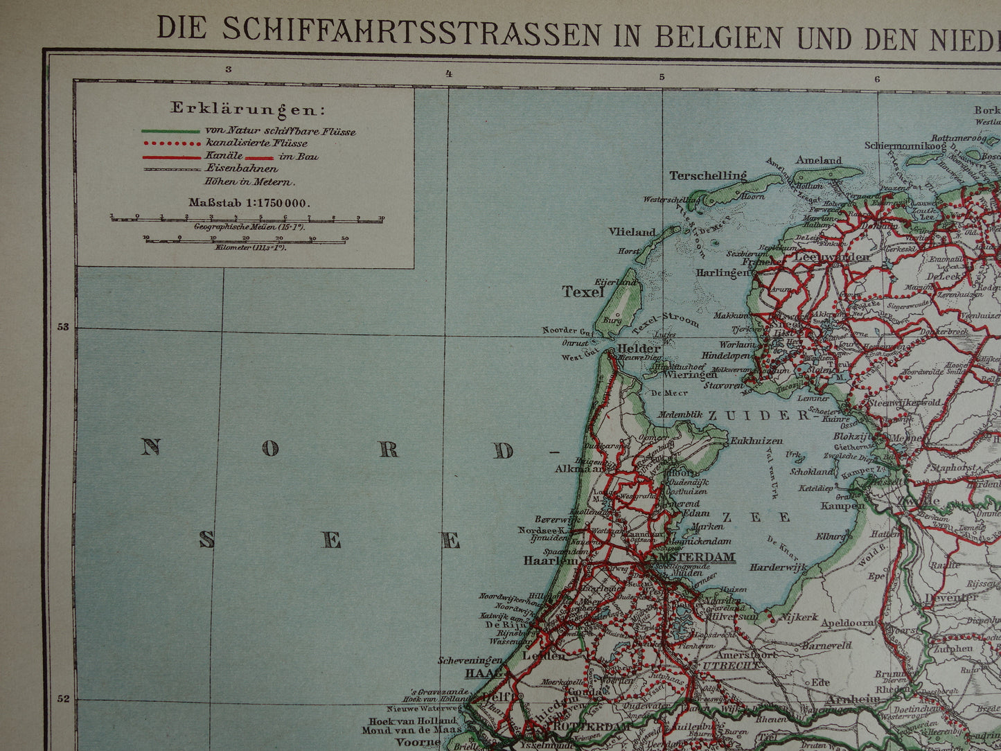 Oude kaart van waterwegen in NEDERLAND en BELGIË uit 1905 originele antieke landkaart Scheepvaart Kanalen Rivieren Maritieme kaarten
