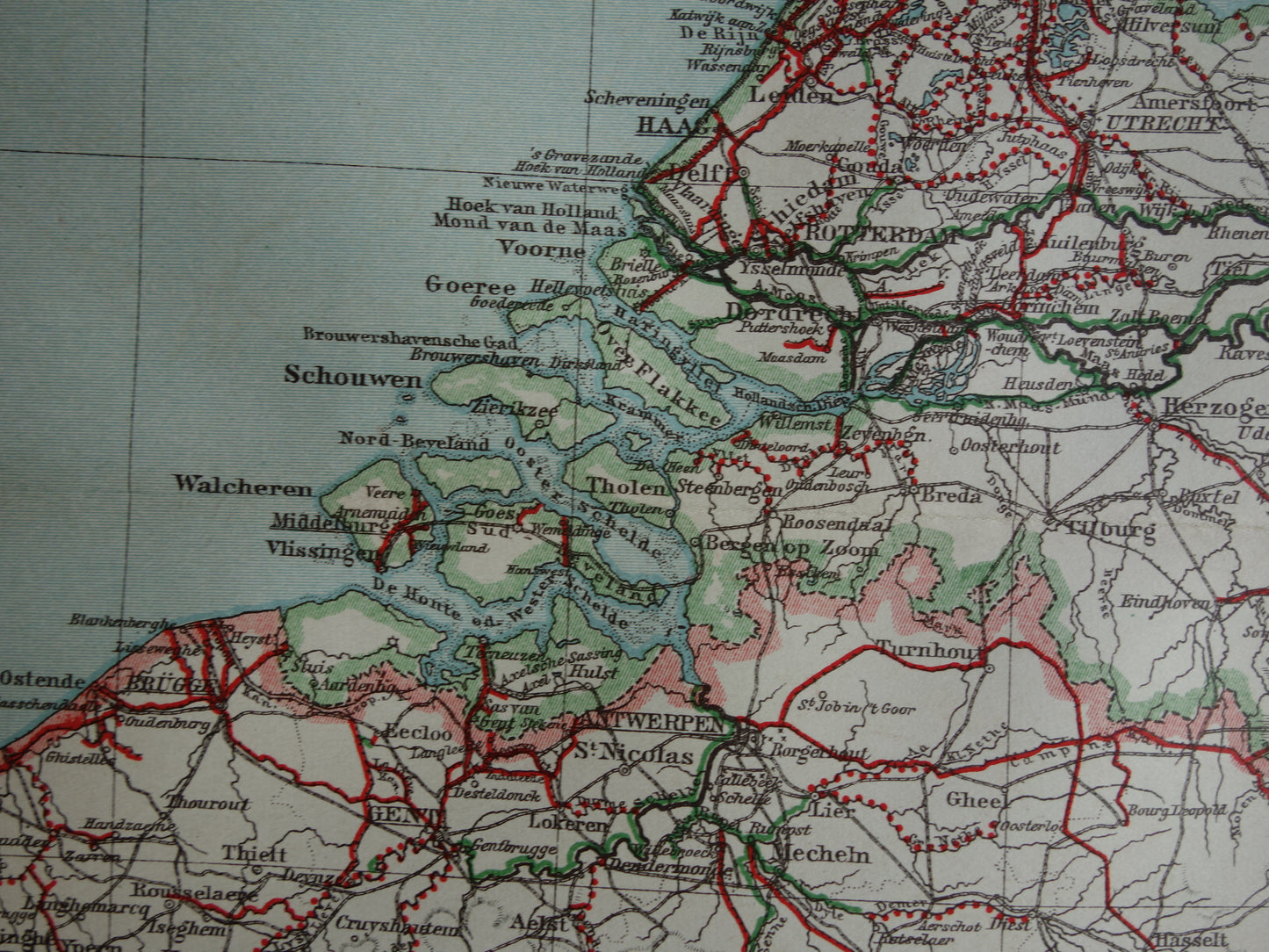 Oude kaart van waterwegen in NEDERLAND en BELGIË uit 1905 originele antieke landkaart Scheepvaart Kanalen Rivieren Maritieme kaarten