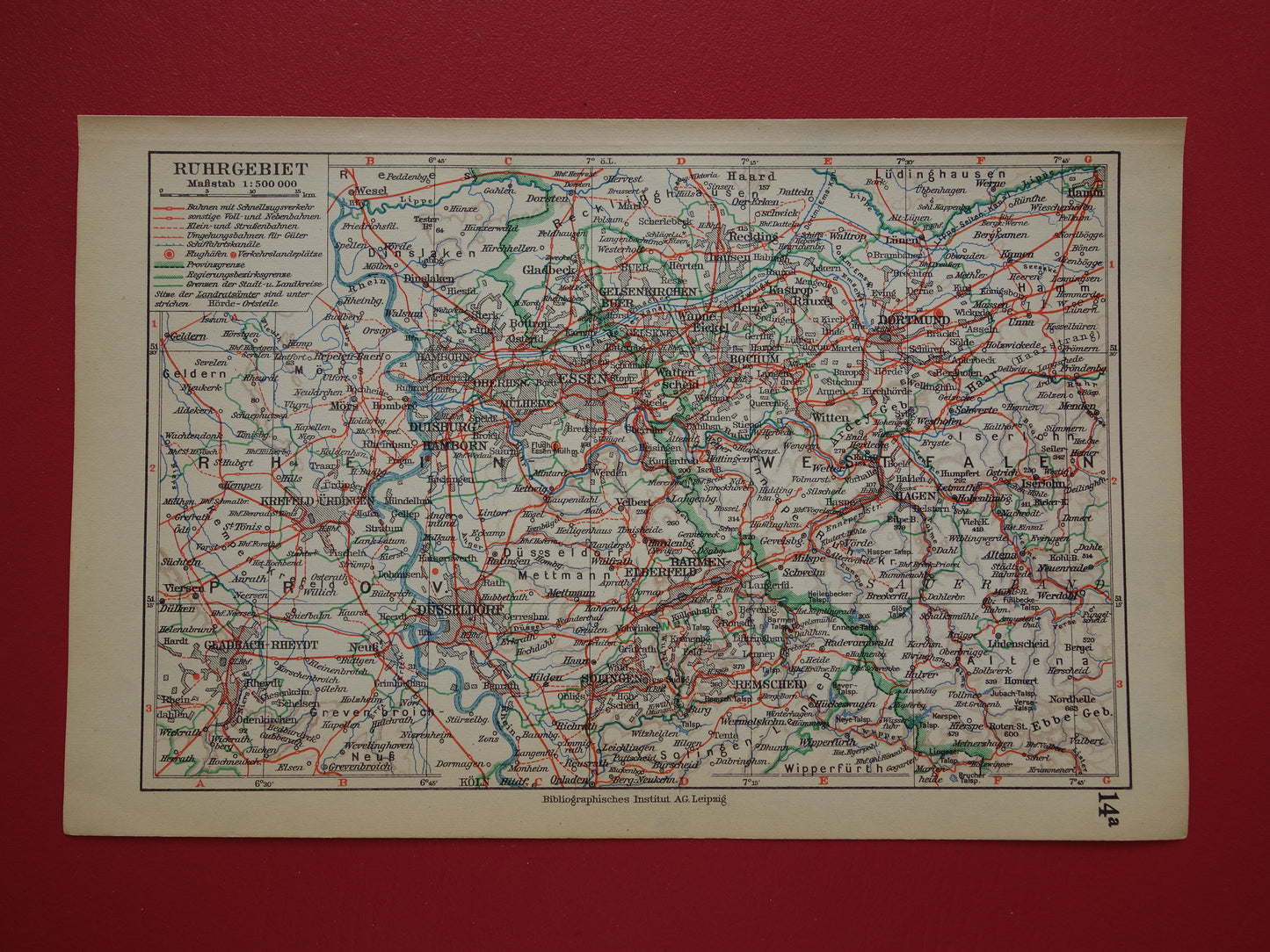 RUHRGEBIED Kleine oude landkaart van Ruhrgebied uit 1928 originele vintage Duitse kaart Keulen Essen Dortmund