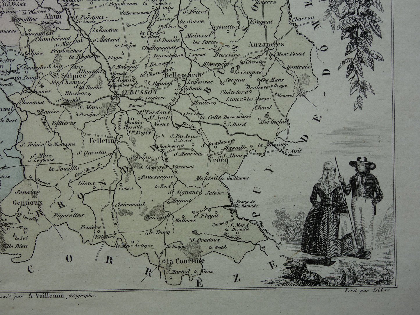 CREUSE Kaart van Creuse departement in Frankrijk uit 1870 originele antieke oude handgekleurde landkaart Guéret