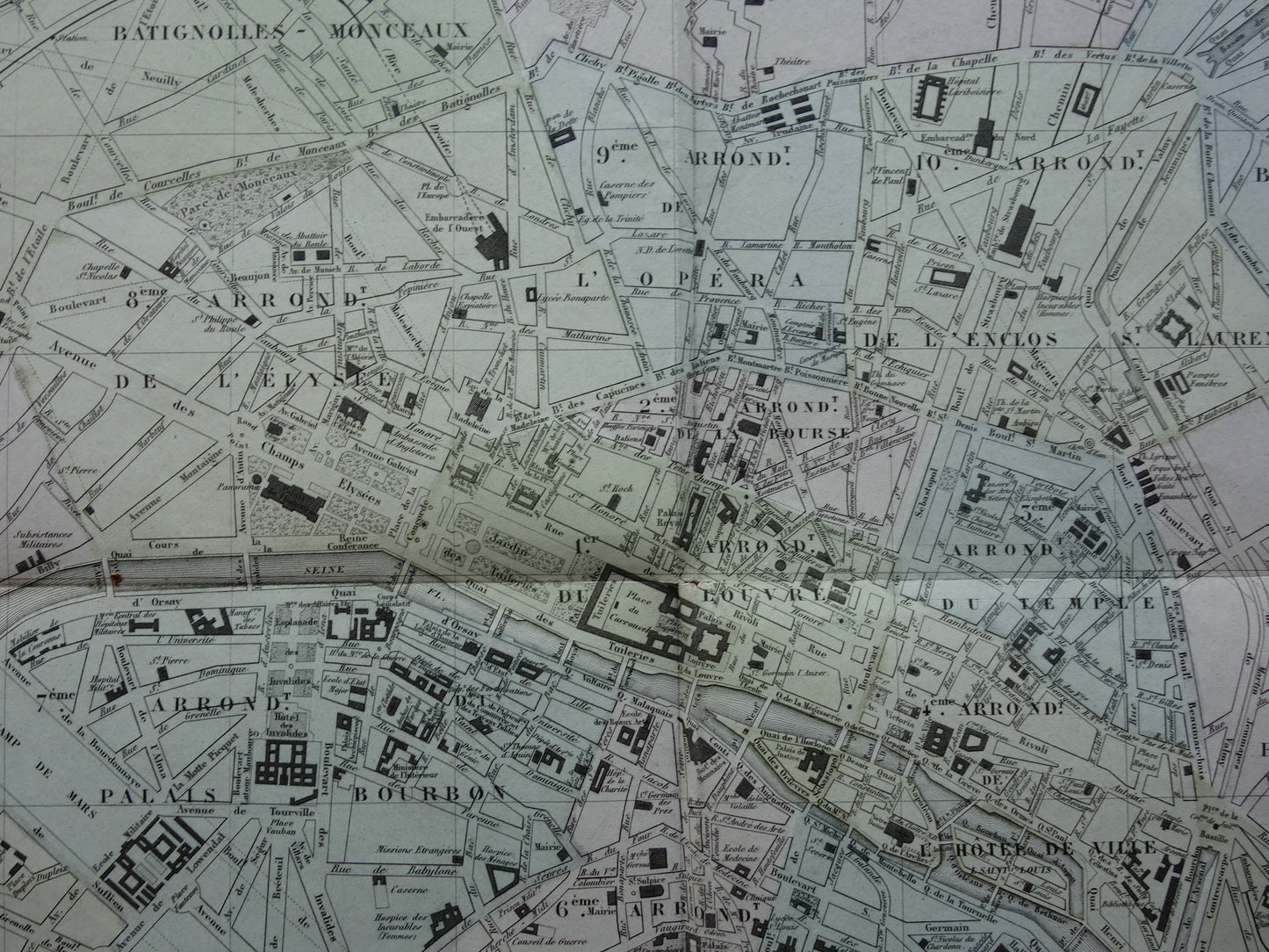 Oude plattegrond van Parijs uit het jaar 1869 BESCHADIGD Grote originele antieke kaart Parijs historische vintage kaarten