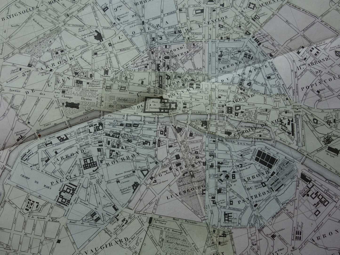 Oude plattegrond van Parijs uit het jaar 1869 BESCHADIGD Grote originele antieke kaart Parijs historische vintage kaarten