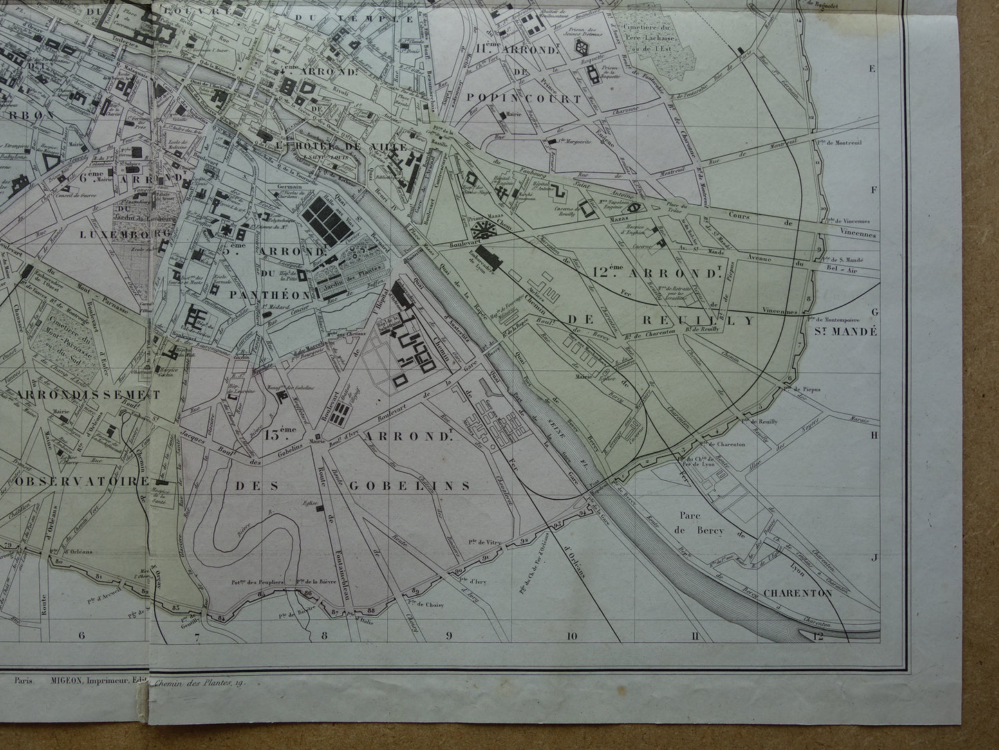 Oude plattegrond van Parijs uit het jaar 1869 BESCHADIGD Grote originele antieke kaart Parijs historische vintage kaarten
