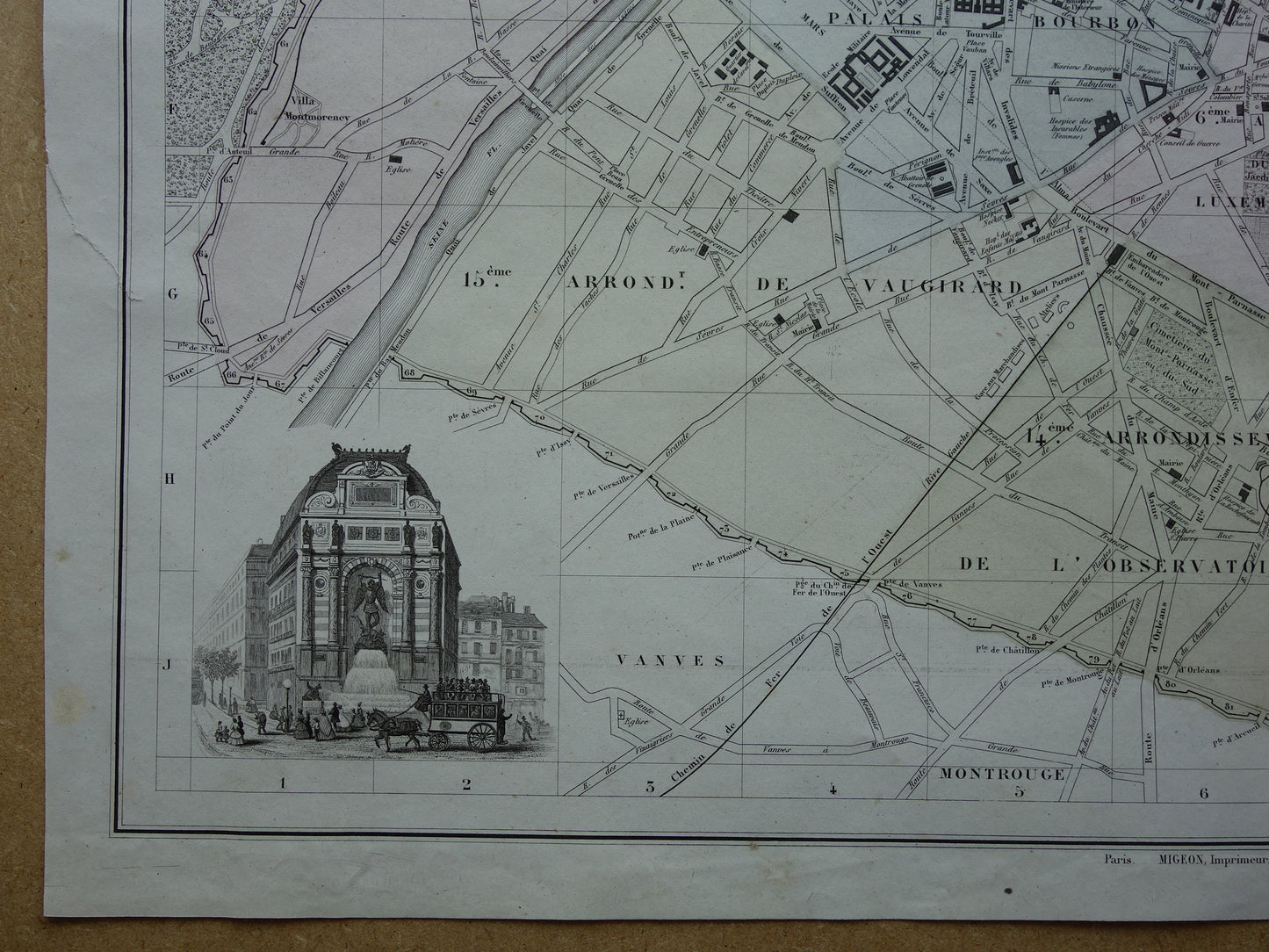 Oude plattegrond van Parijs uit het jaar 1869 BESCHADIGD Grote originele antieke kaart Parijs historische vintage kaarten