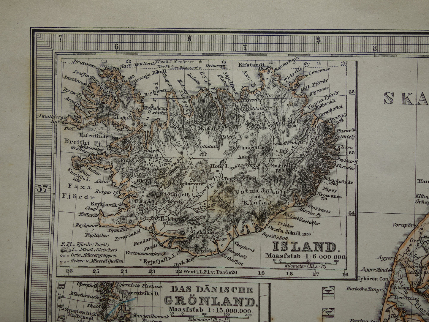 Oude landkaart van Denemarken uit 1884 originele antieke kaart Deense Koloniën - vintage kaarten met jaartal