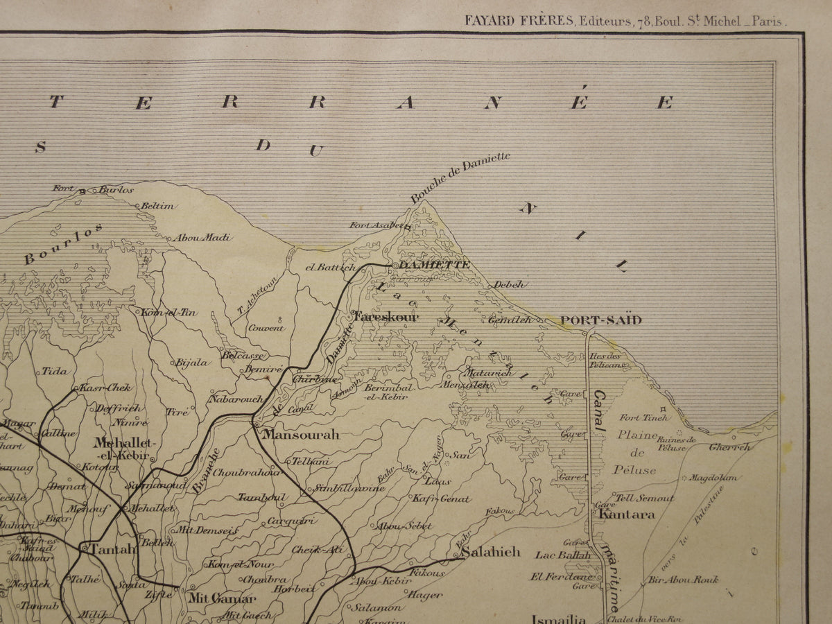 ÄGYPTEN Antike Karte des Nildeltas aus dem Jahr 1896 Altfranzösische handkolorierte Karte der Nilmündung