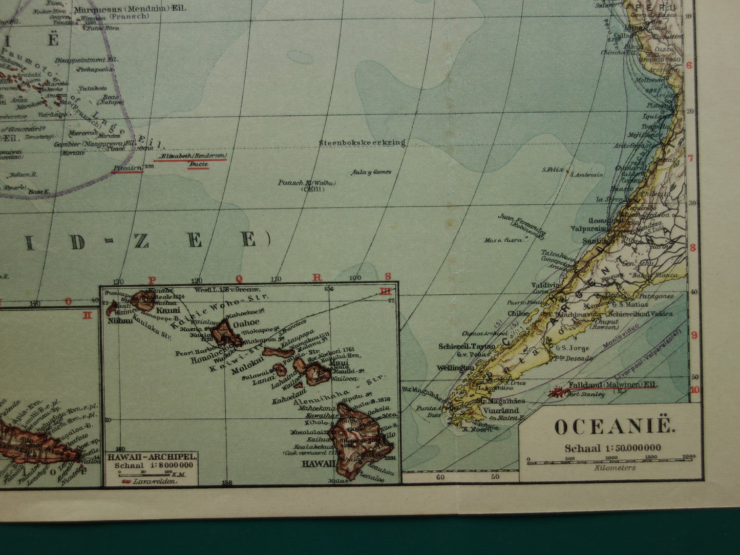 Oude kaart van Oceanië 1929 originele Nederlandse vintage landkaart continent