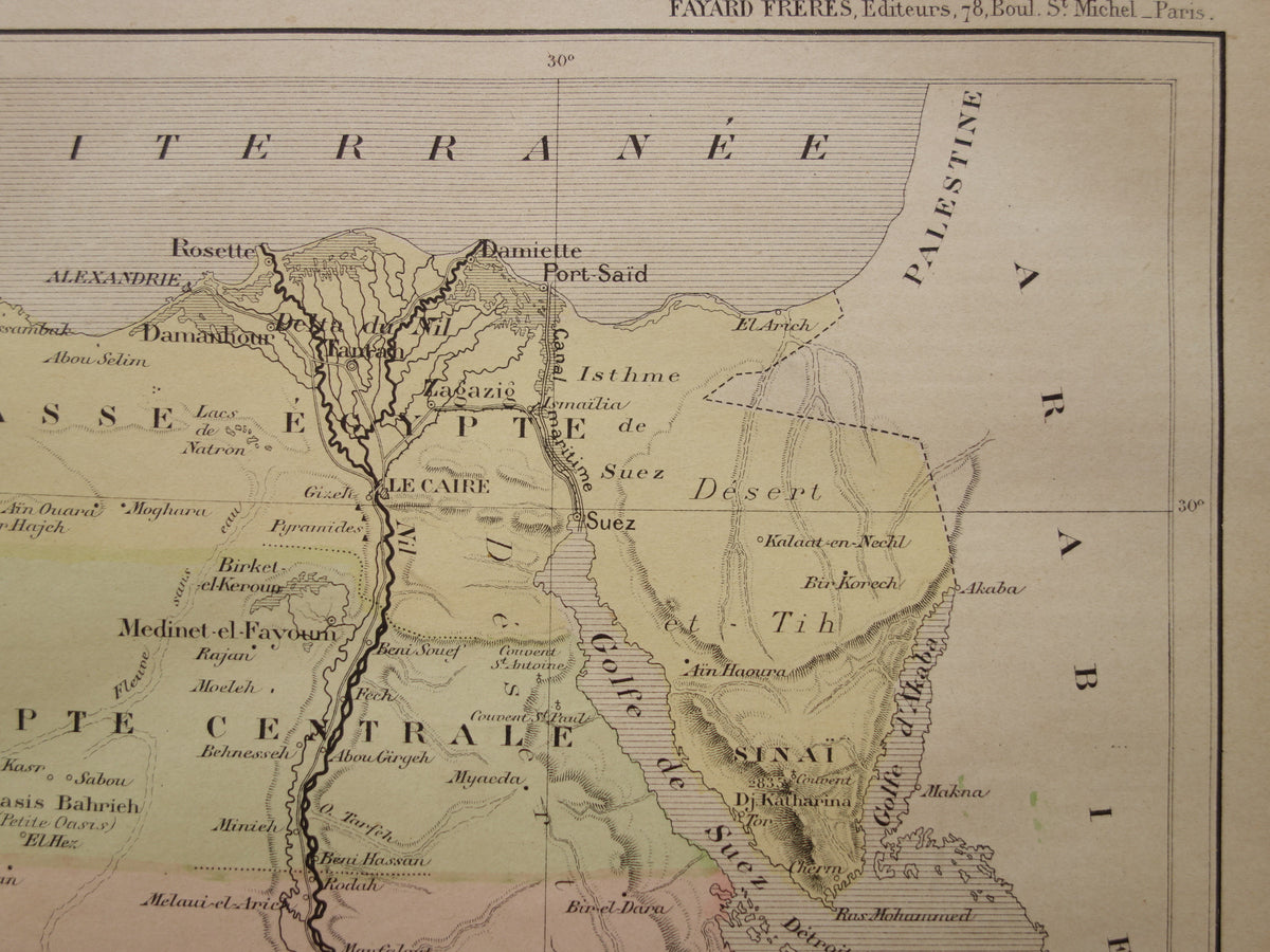 ÄGYPTEN Antike Karte von Ägypten aus dem Jahr 1896 Alte französische handkolorierte Karte
