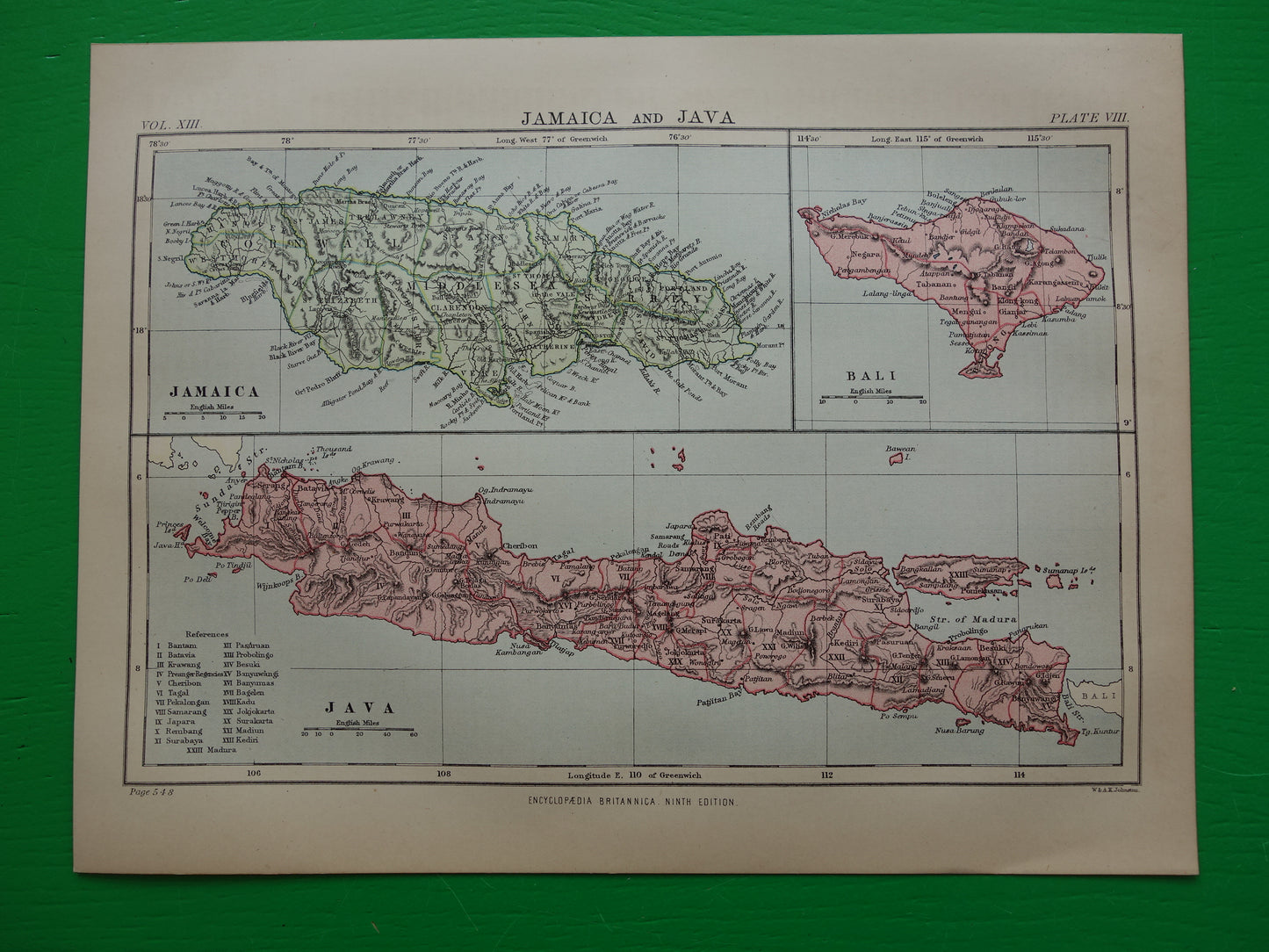 Oude landkaart van Jamaica Java en Bali originele antieke Engelse kaart uit 1880 vintage kaarten