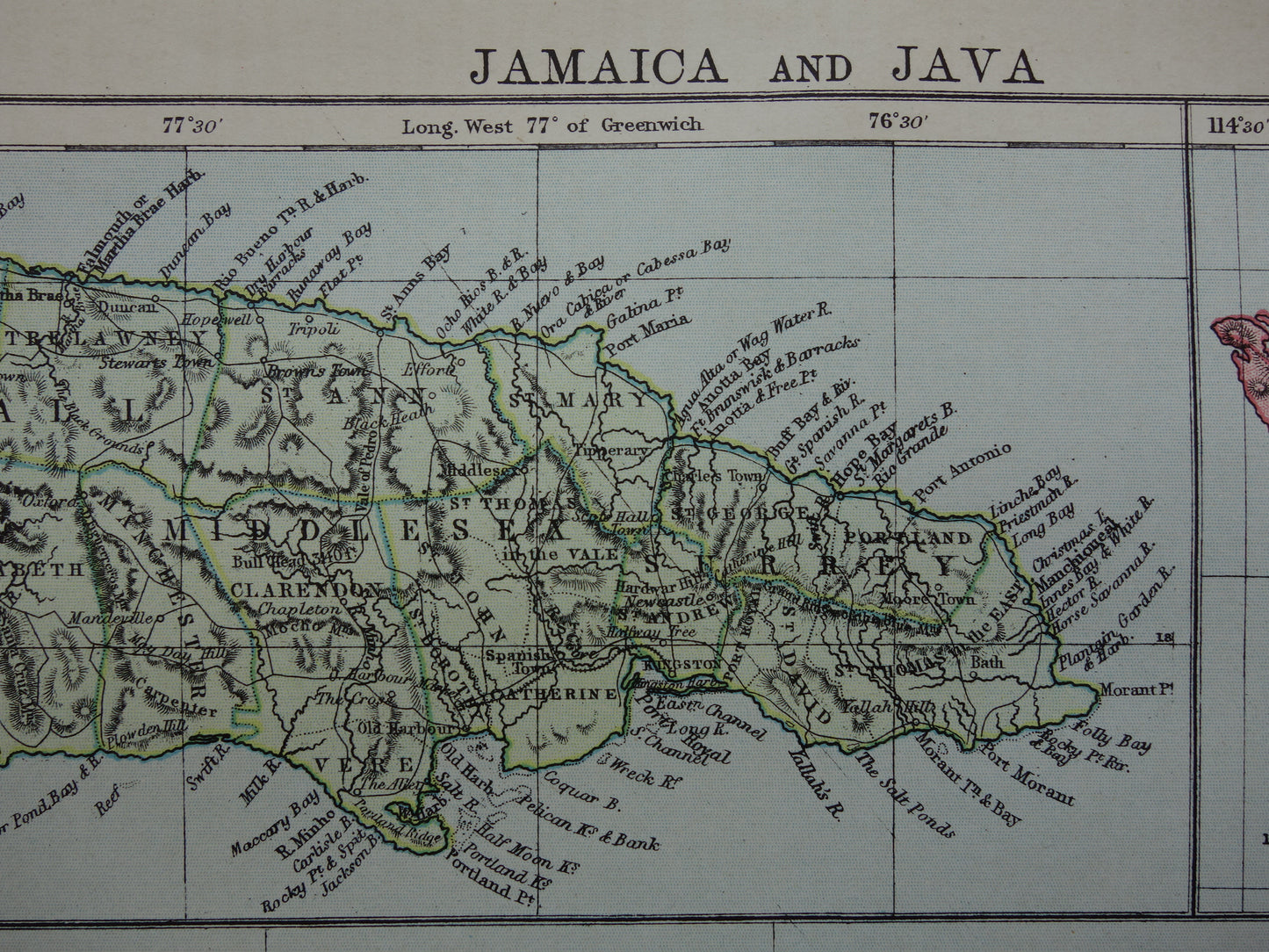 Oude landkaart van Jamaica Java en Bali originele antieke Engelse kaart uit 1880 vintage kaarten