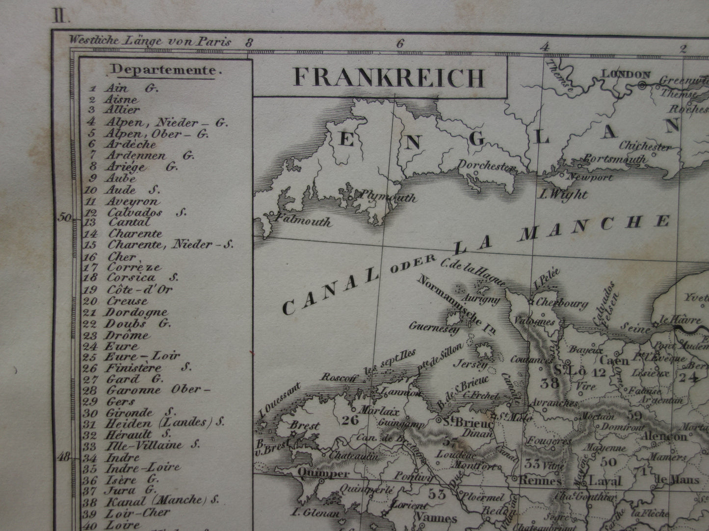 175+ jaar oude landkaart van FRANKRIJK uit 1849 originele antieke kaart zwart/wit