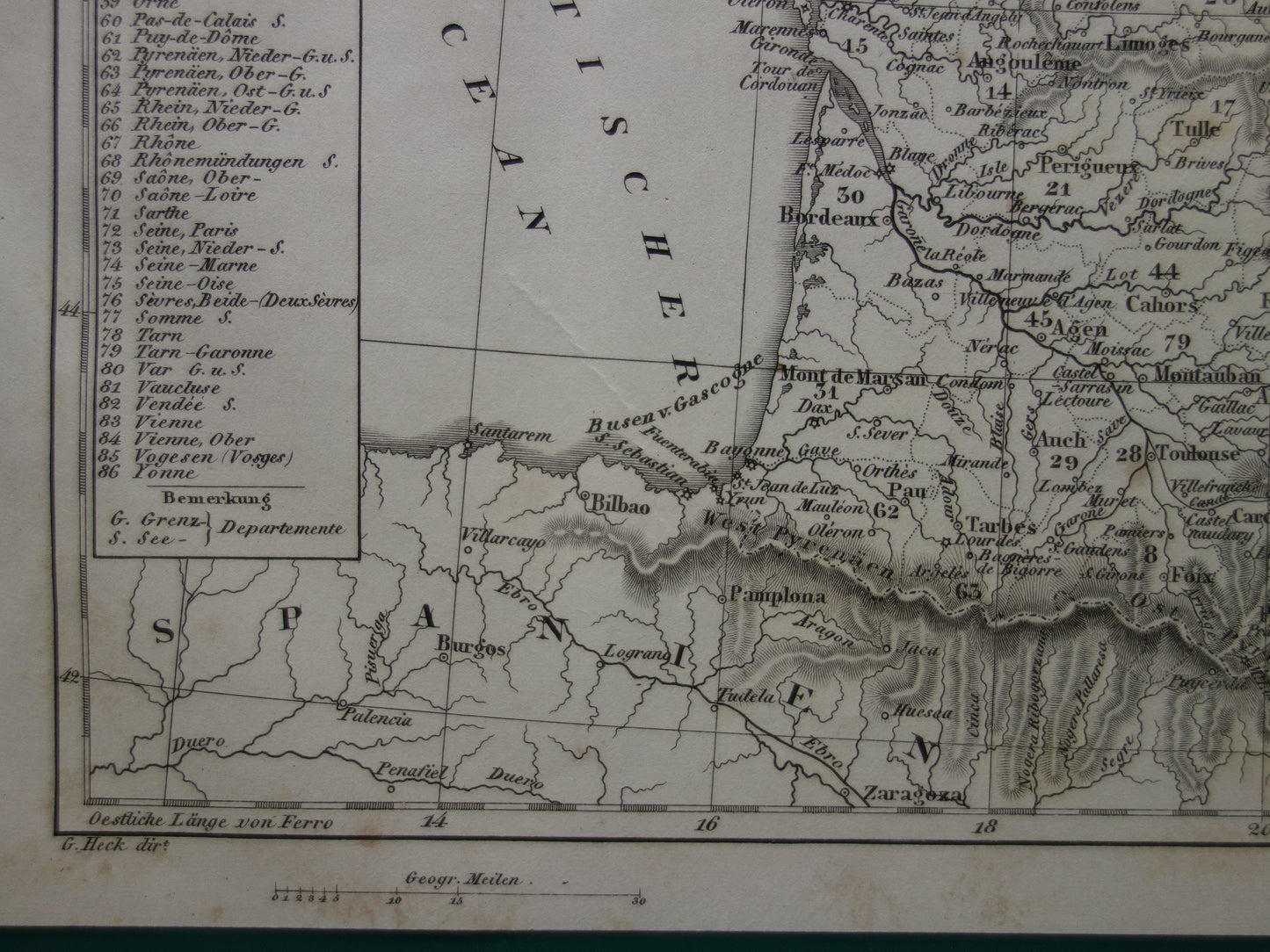 175+ jaar oude landkaart van FRANKRIJK uit 1849 originele antieke kaart zwart/wit